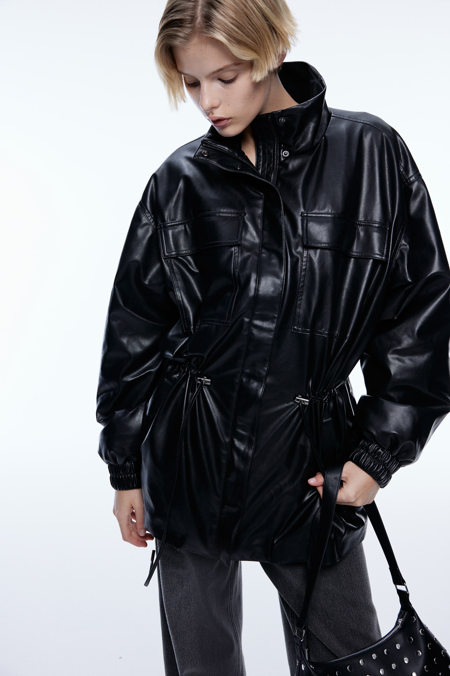 Drawstring-detail coated jacket - Black - 7