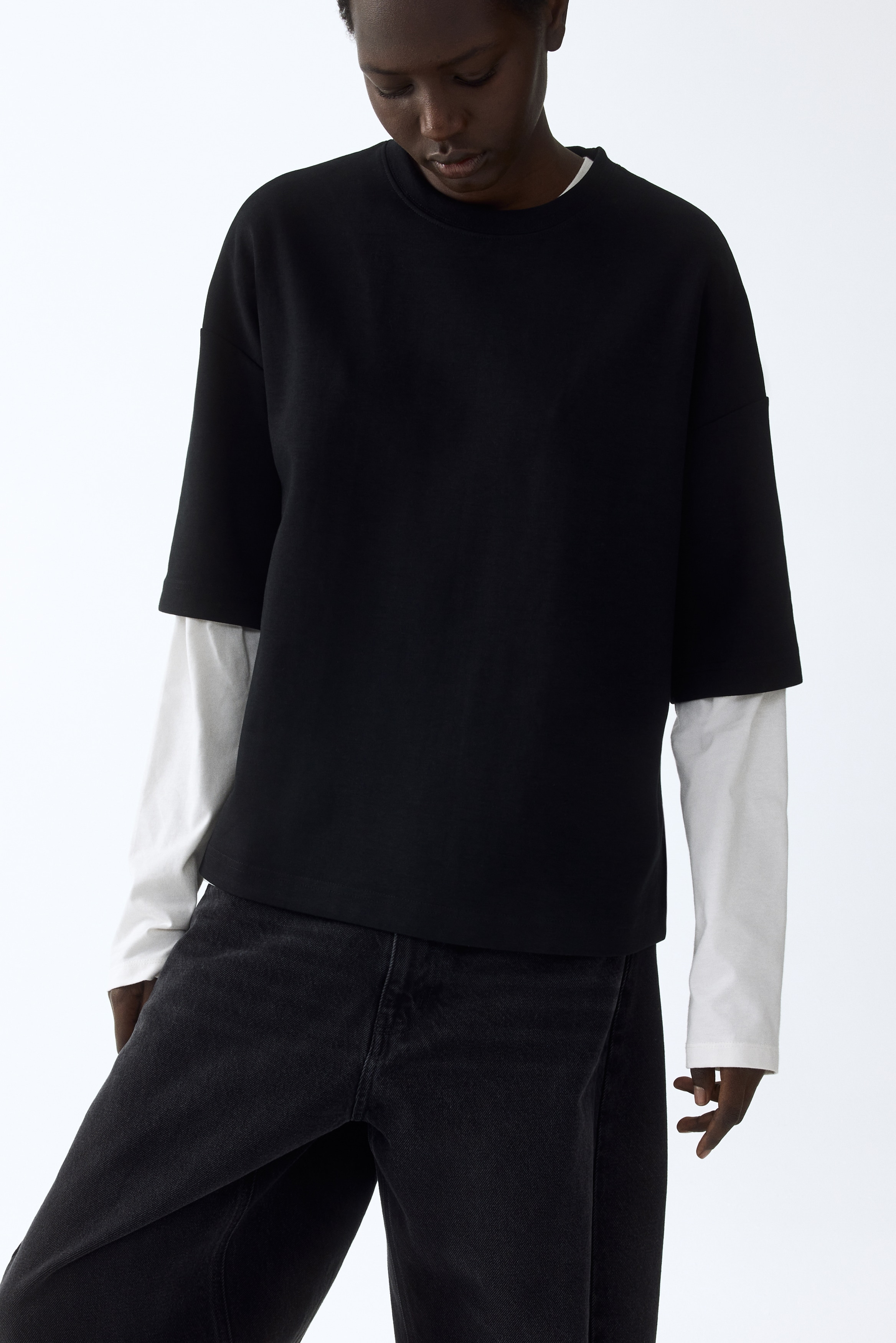 T-shirt in interlock - Nero/Beige chiaro/Marrone scuro