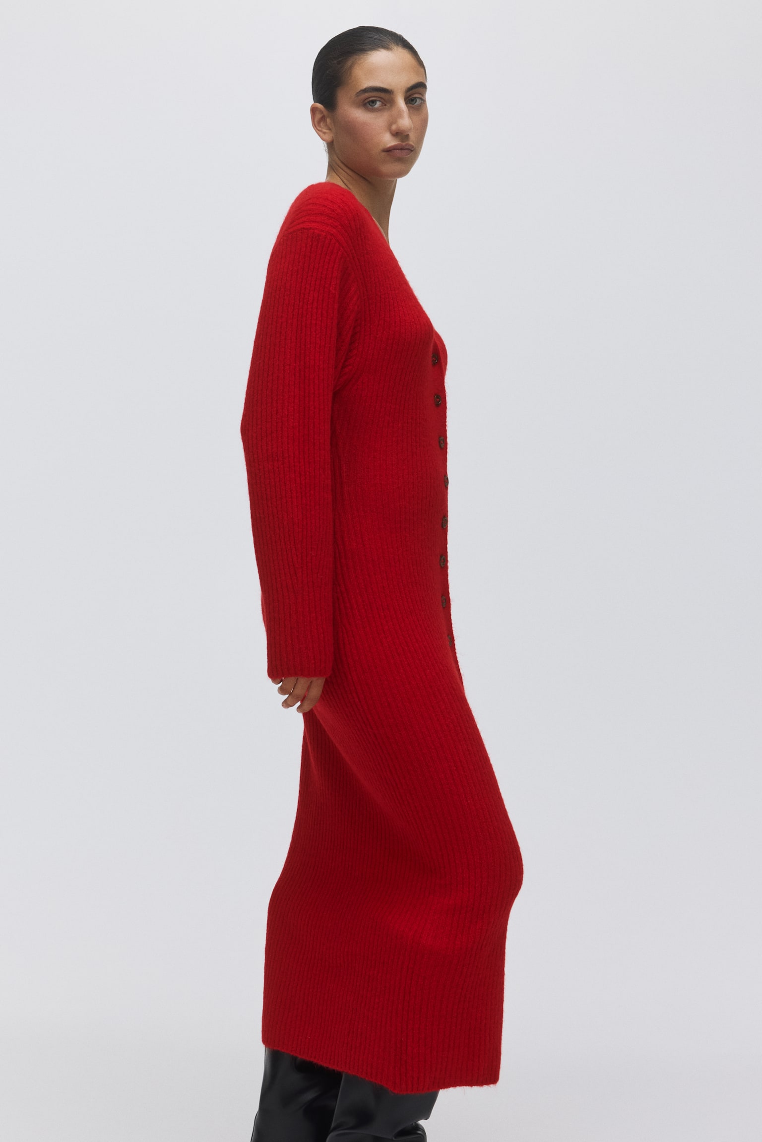 Rib-knit dress - Red/Light beige marl - 3