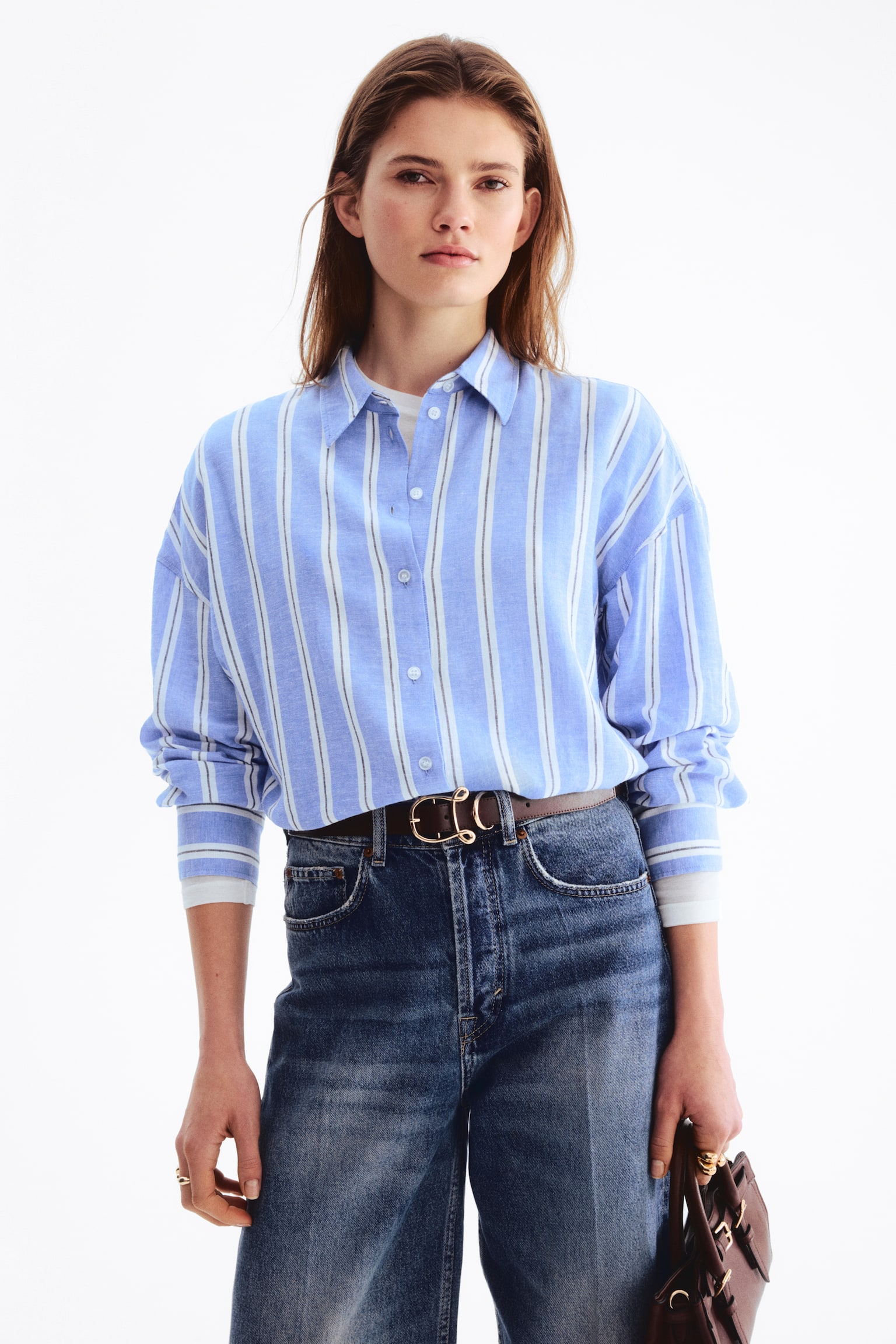 Oversized linen-blend shirt - Blue/Striped/Light pink/Blue - 5