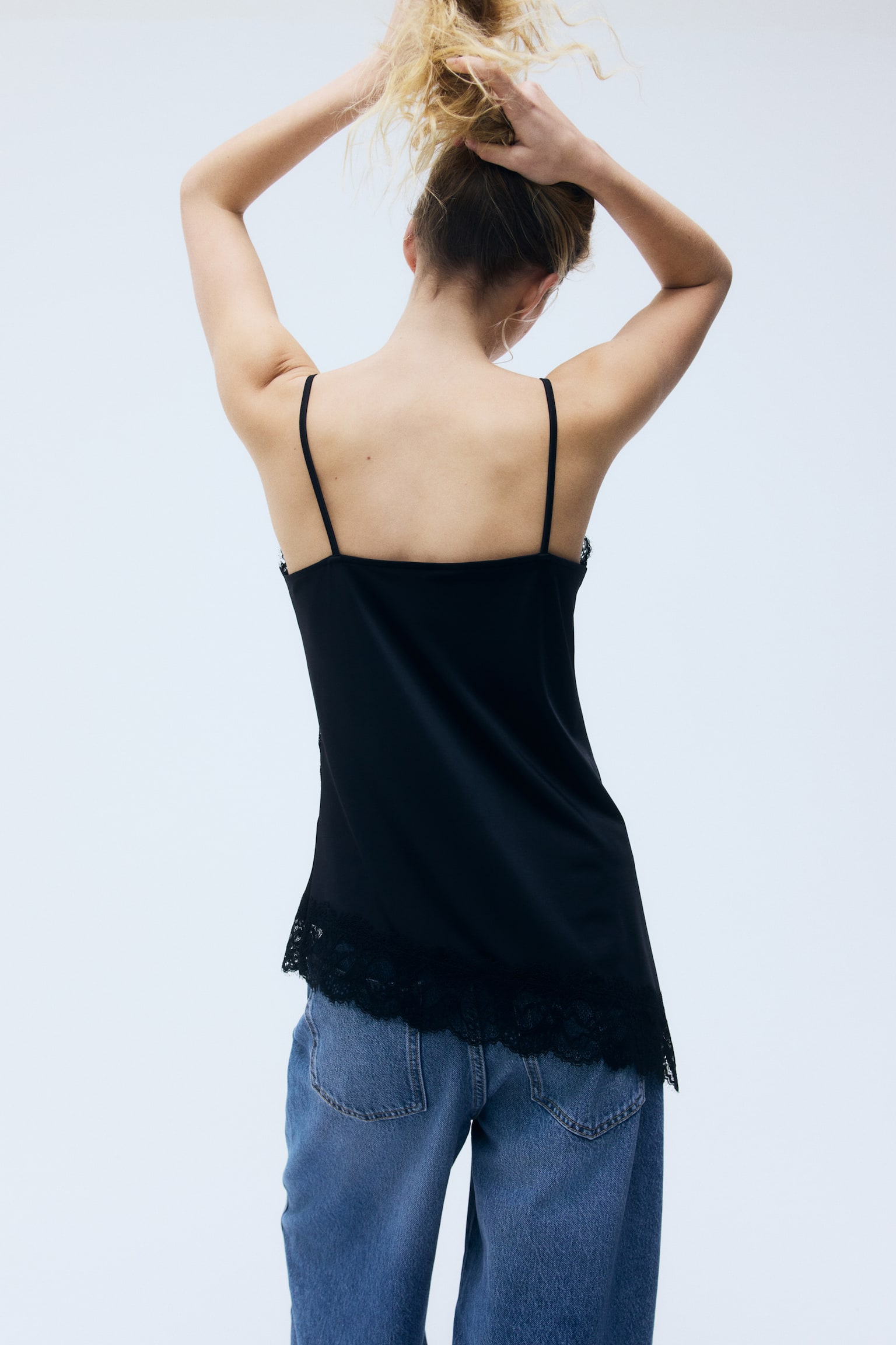 Top à bretelles fines en jersey avec dentelle - Noir/Blanc/Marron foncé - 3