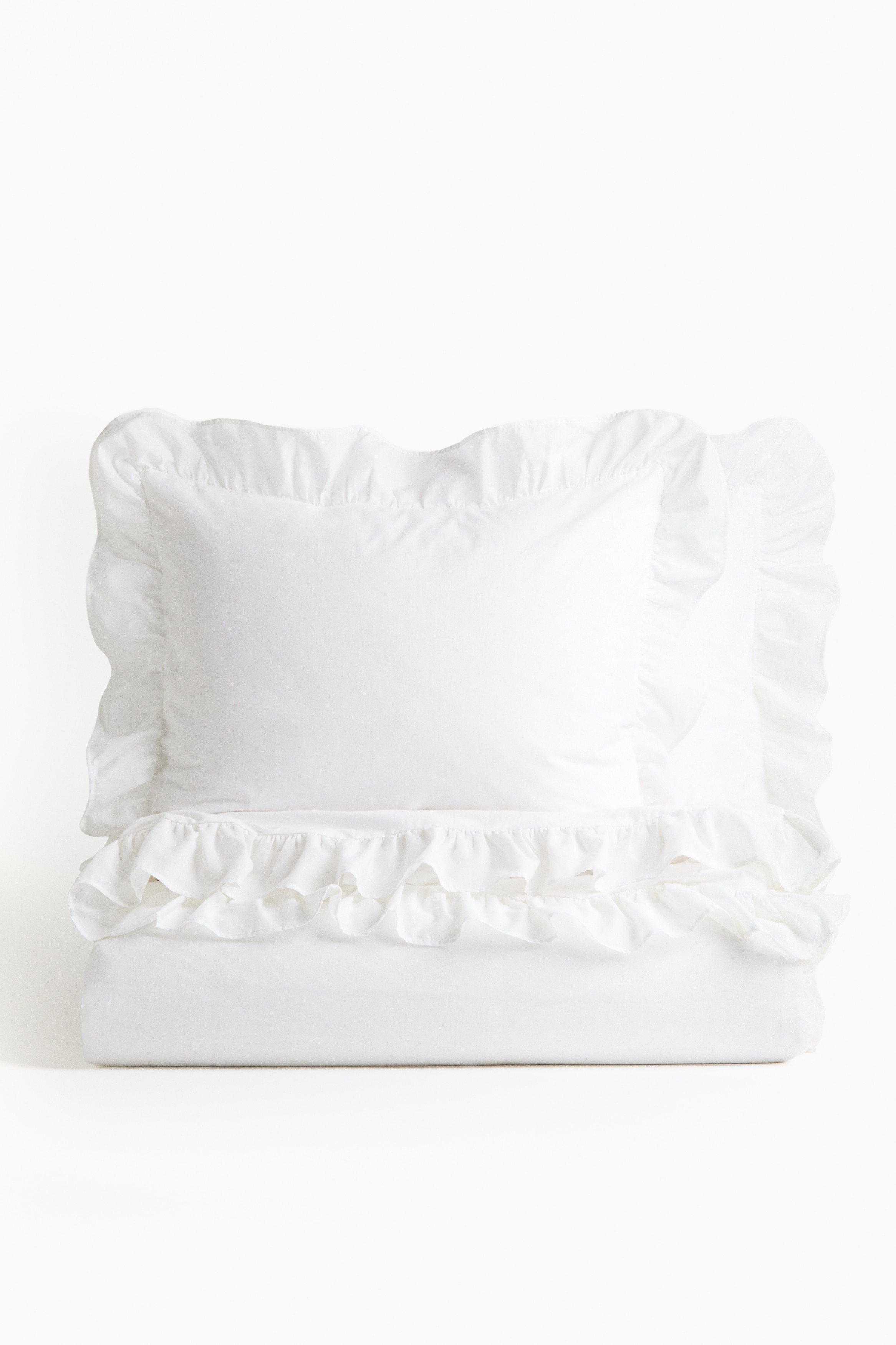 Flounced King/Queen Duvet Cover Set - White/Light dusty pink/Dusty brown