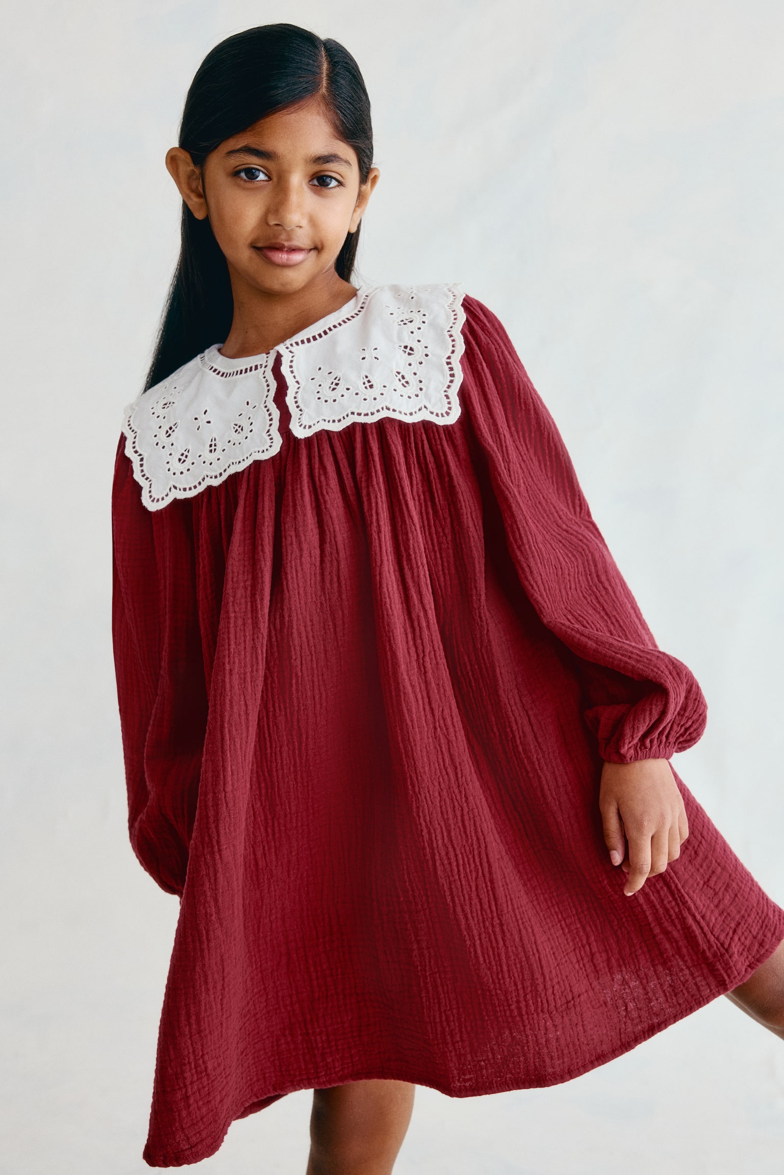 Детское платье H&M Vintage-Collar Muslin, цвет: Красный / Белый — фото 4