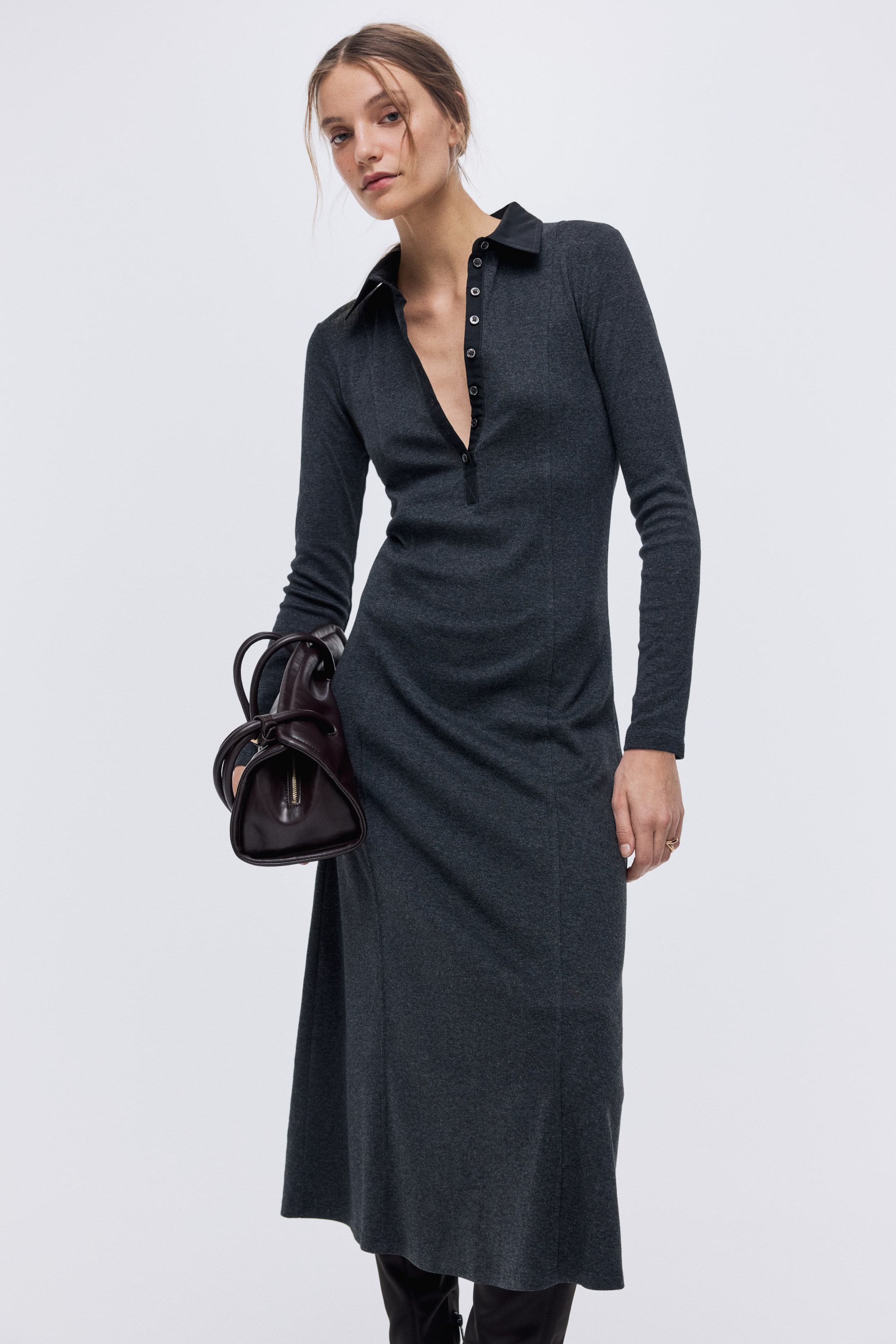 View larger image: Fine-knit polo dress - Dark grey marl - Ladies | H&M IN 2