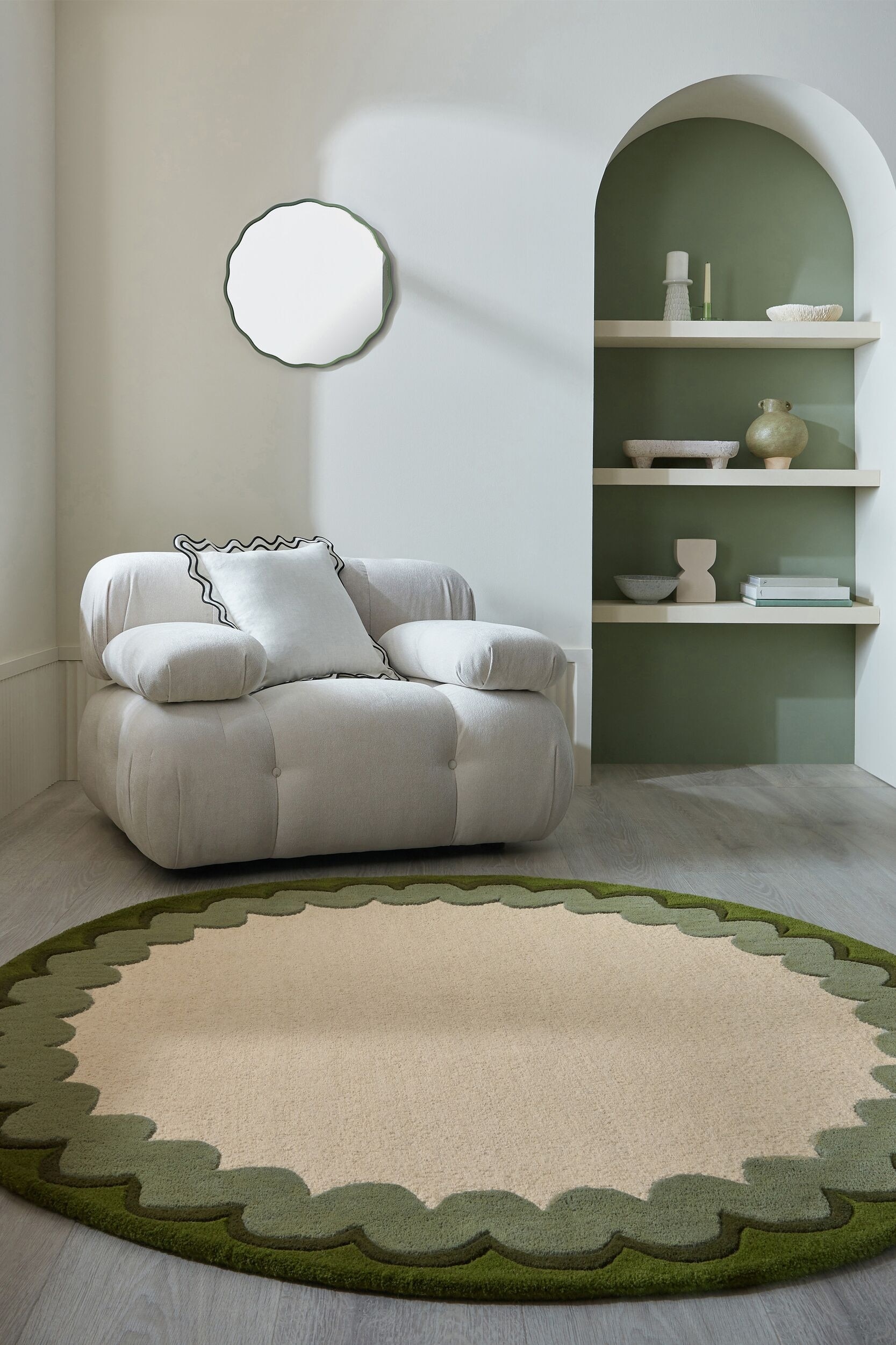 Alfombra De Lana Wiggle Border Circular - Verde Oliva