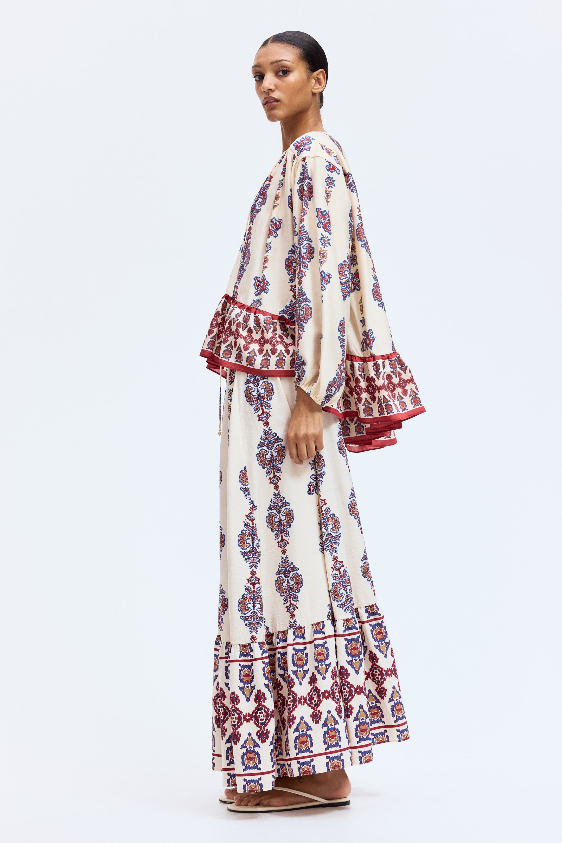 View larger image: Flounce-trimmed blouse - Light beige/Patterned - Ladies | H&M HK 1