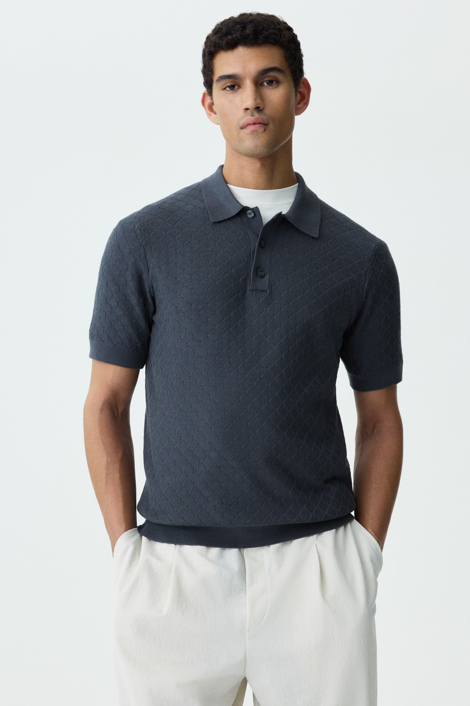 Slim Fit Textured-knit polo shirt - Dark grey/Black/Light beige - 1