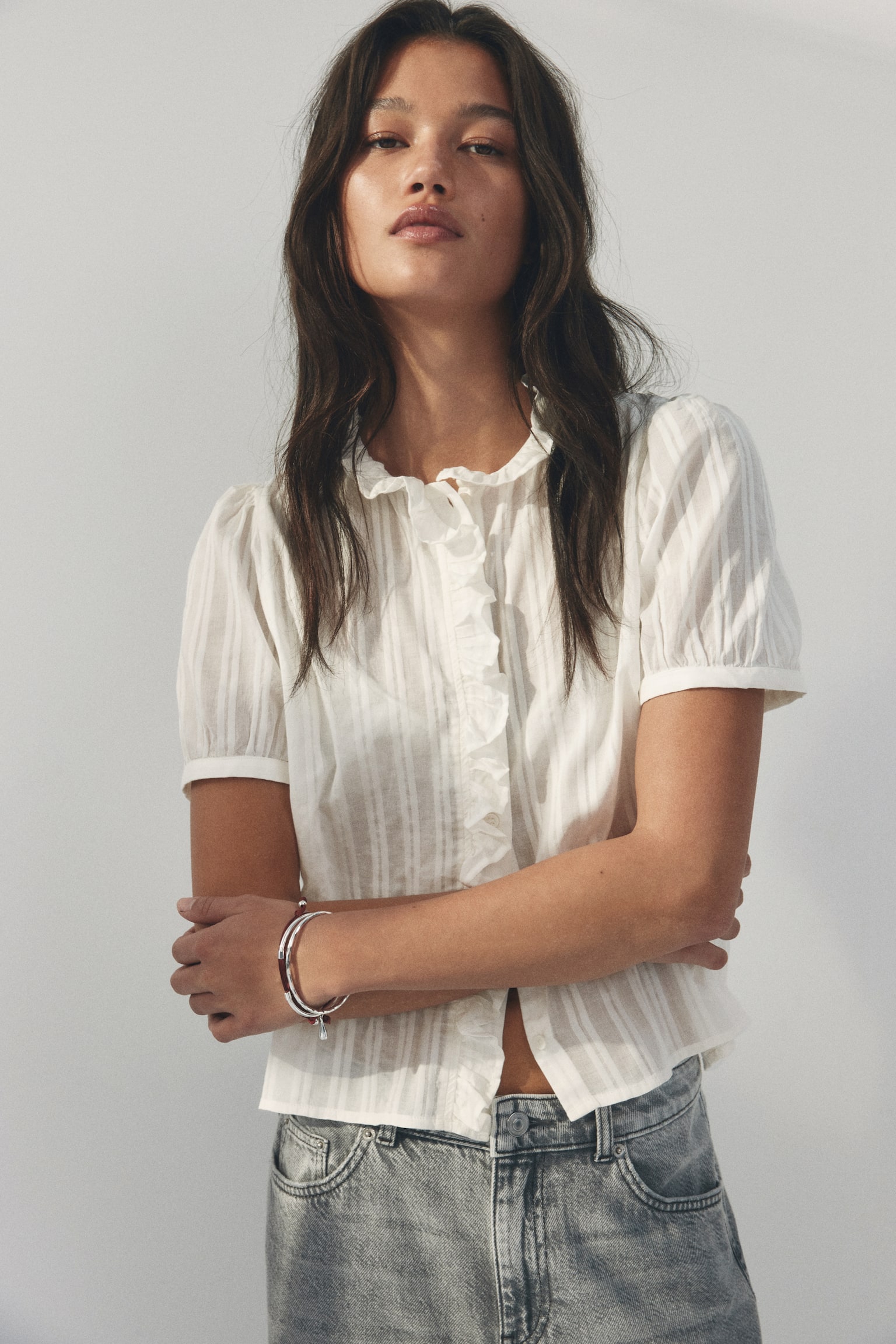 Frill-trimmed cotton blouse - White/Light blue/Striped - 6