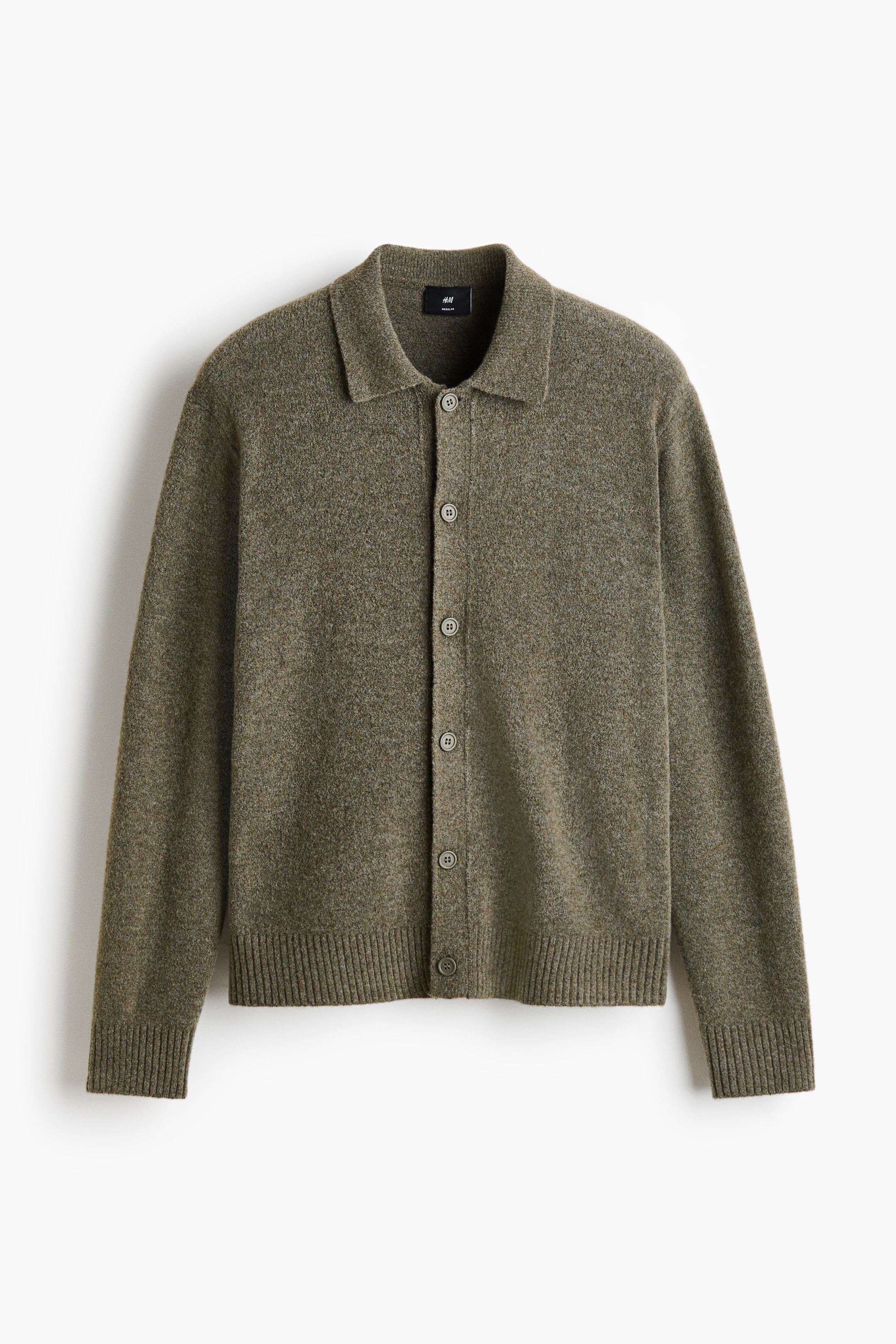 View larger image: This cardigan in a mottled olive green hue showcases its front with a shirt-style collar and a complete button-down placket adorned with six round, dark buttons. It is elegantly completed with ribbed cuffs and a ribbed hem, perfect for adding a touch of sophistication to your wardrobe.
