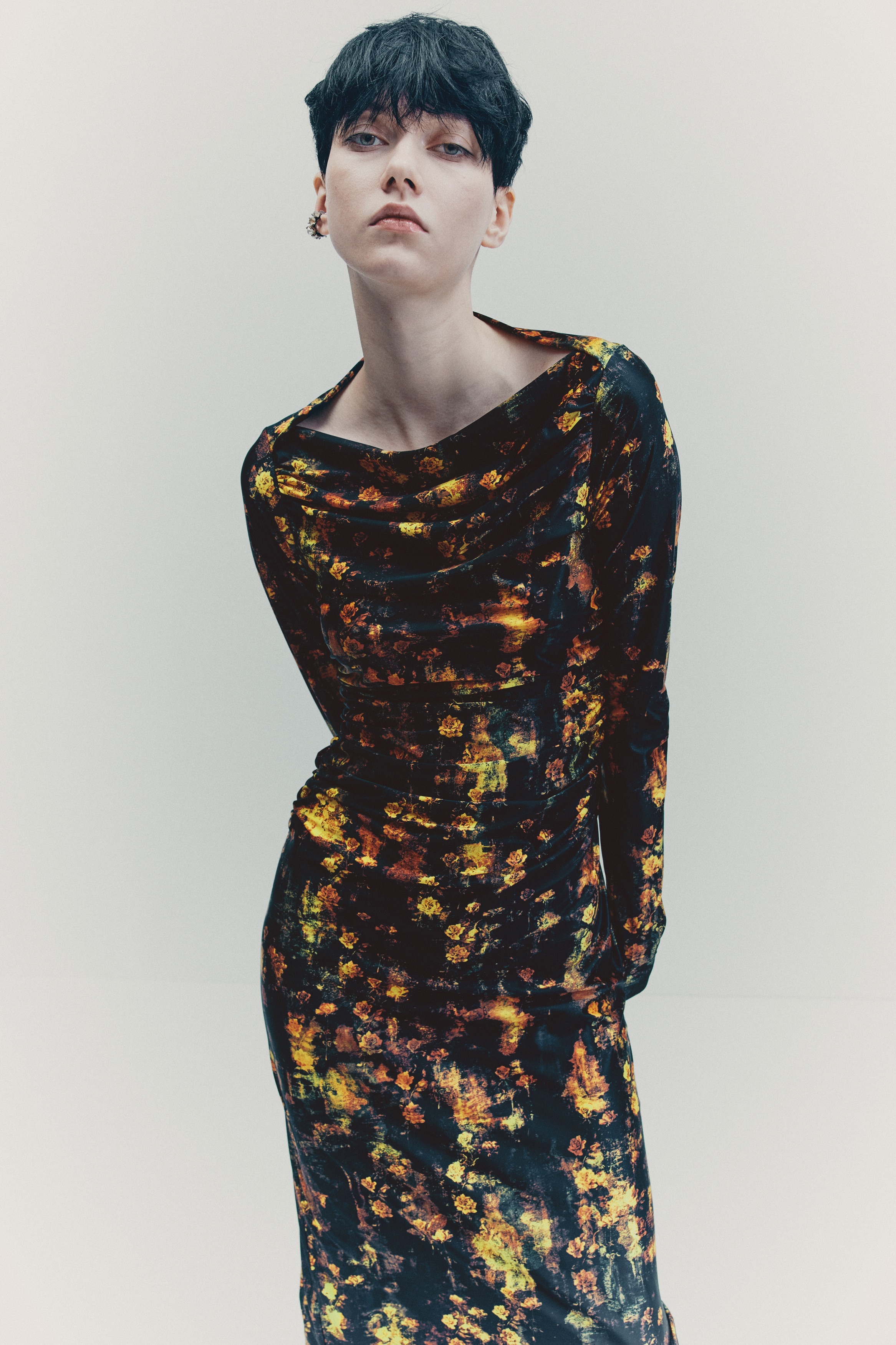chinese dress ladies H&M Blue/Pink Floral Ruffle Neck Long Sleeve Smocked Cuff Dress NWT- Size S