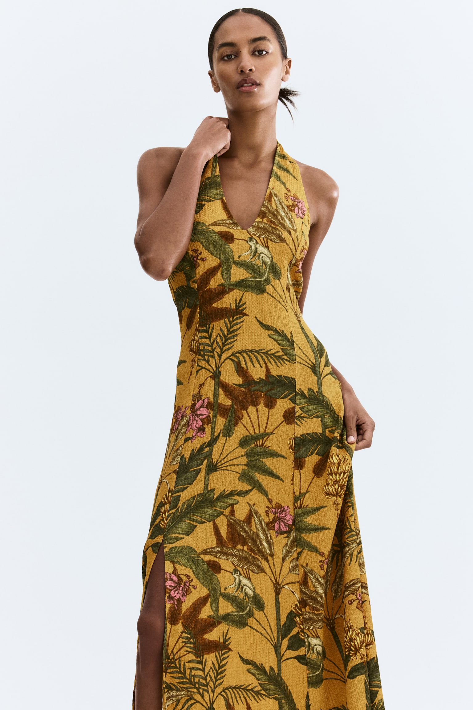 Jersey halterneck dress - Dark yellow/Plants - 3