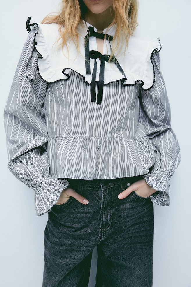 Tie-detail frill-trimmed blouse - Black/Striped/White - 6