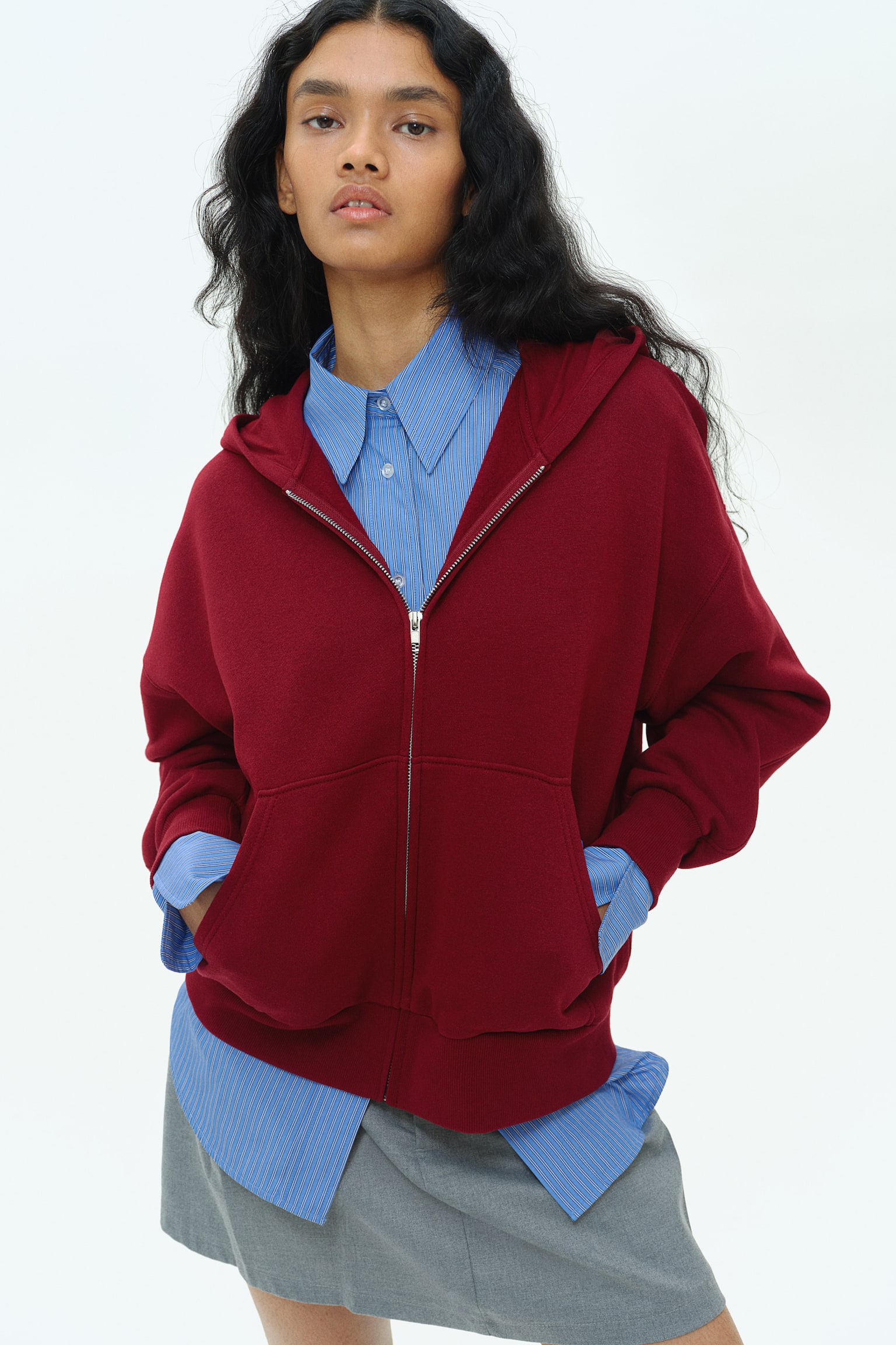 Oversized zip-through hoodie - Burgundy/Dark grey/Light beige/Light dusty pink - 5