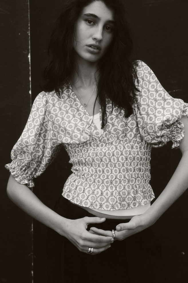 Blusa con punto smock en la cintura - Verde/Diseño/Café oscuro/Blanco - 6