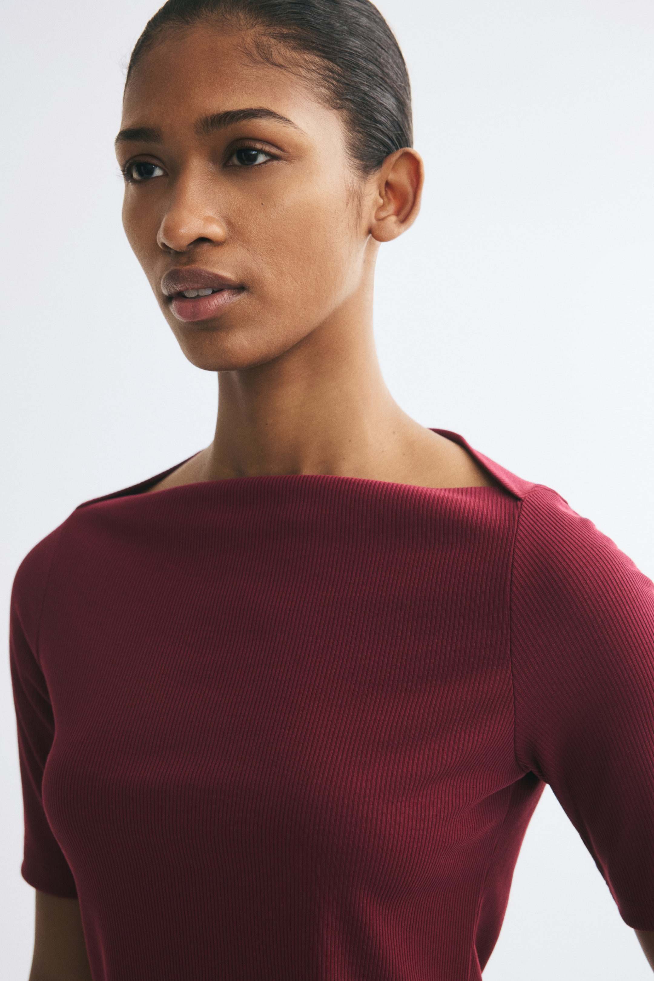 View larger image: Rib-knit boat-neck top - Burgundy - Ladies | H&M IN 1