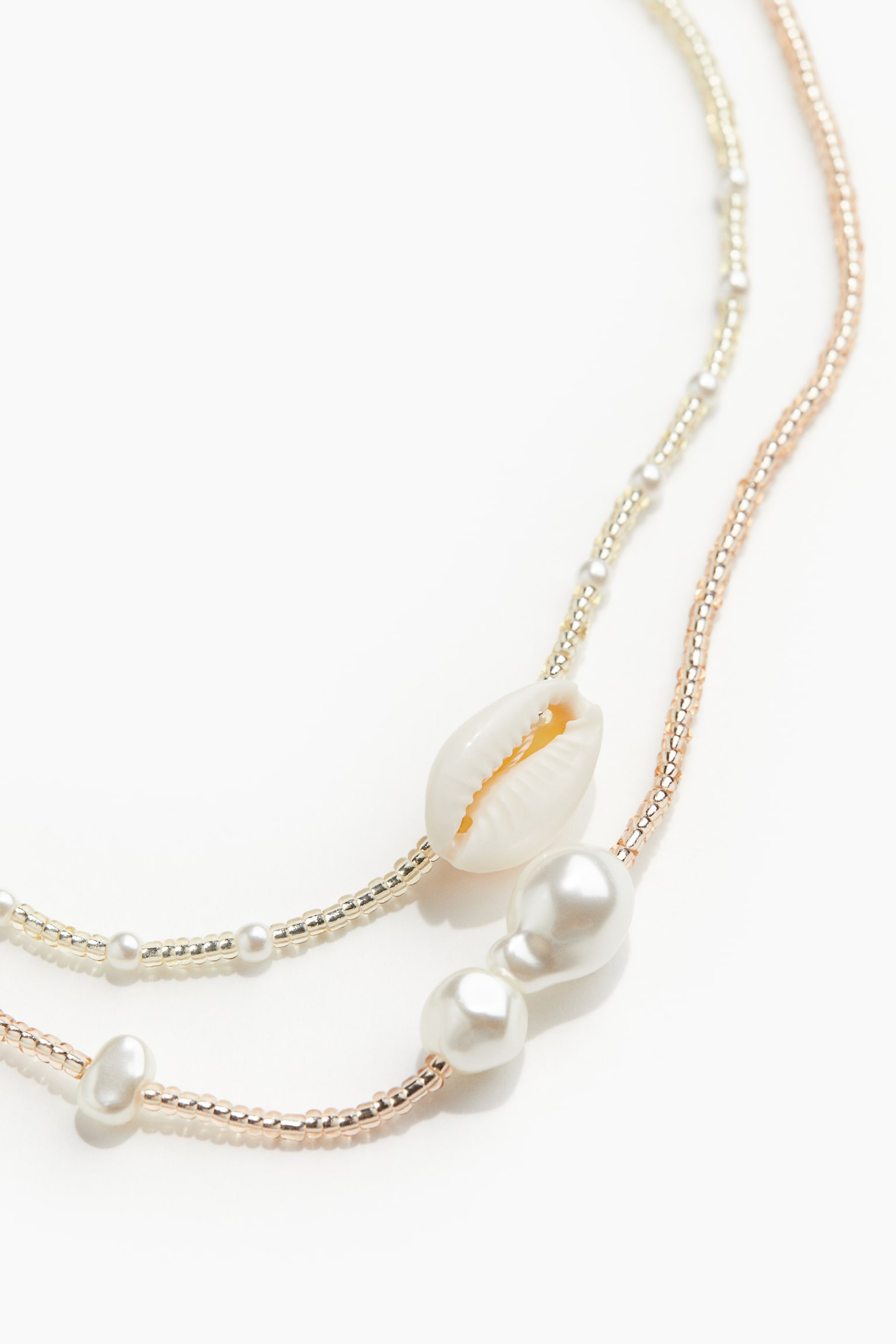 Double Strand Beaded Necklace - Gold colour/White - 2