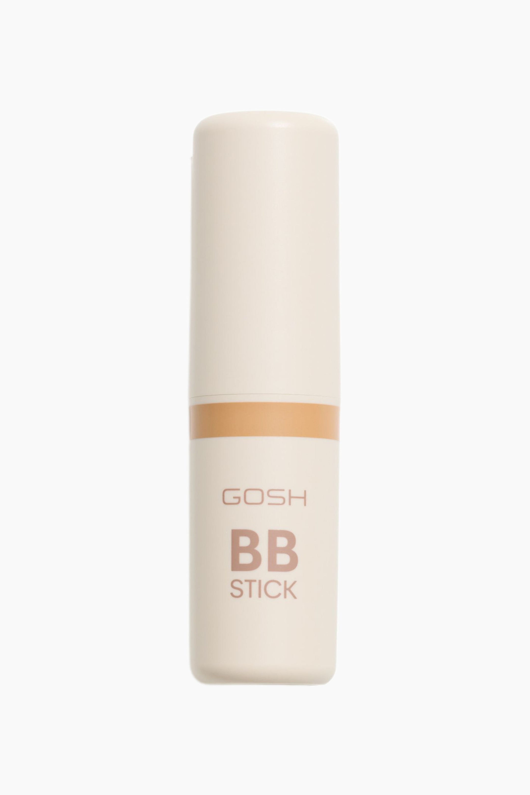 Visa större bild: En GOSH BB stick står upprätt, vänd framåt. Den har ett ljust beige cylindriskt rör med ett mellantonat brunt band som omger dess mitt, och orden 'GOSH BB STICK' är tryckta i en brunrosa färg.
