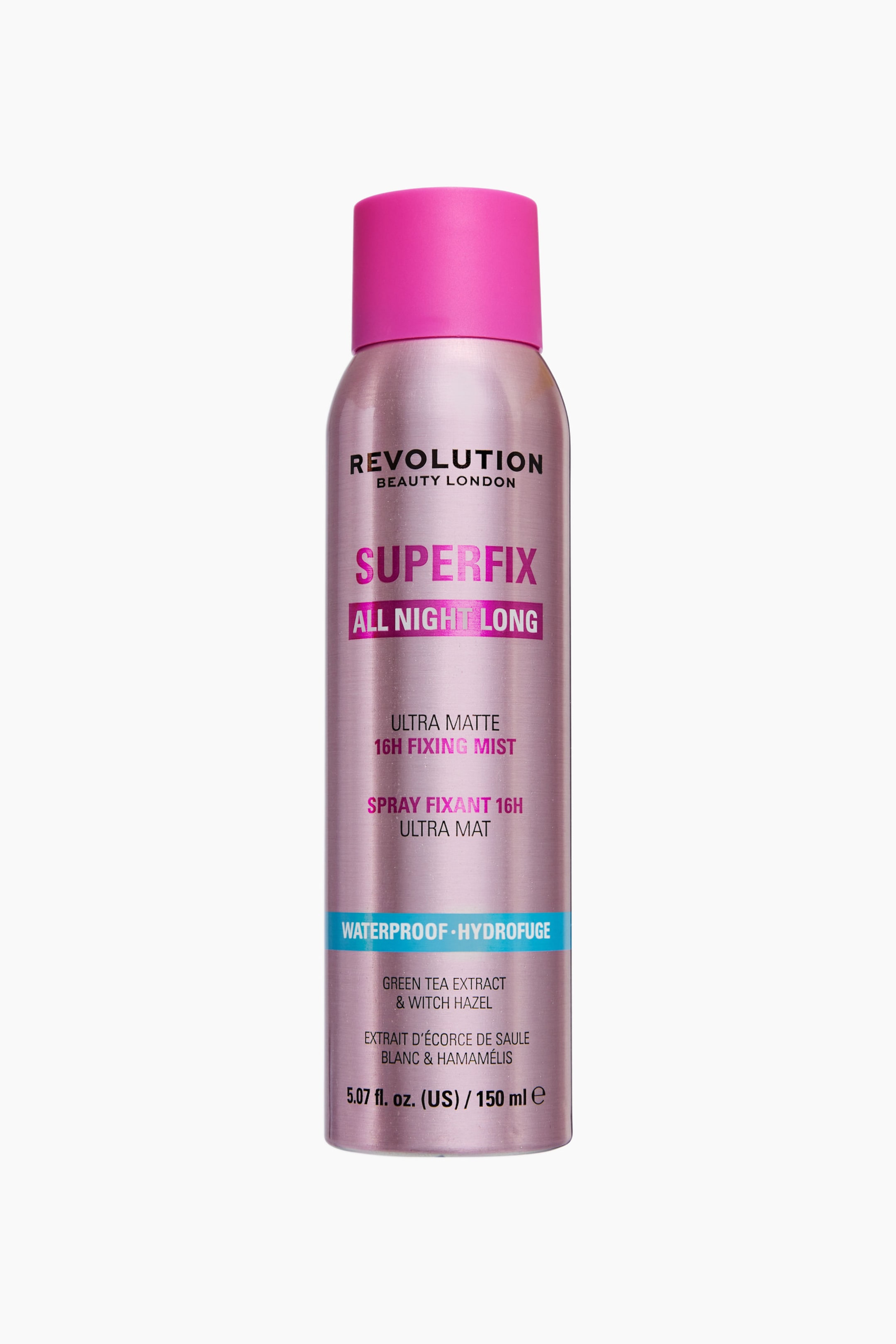Visa större bild: Revolution Beauty London Superfix All Night Long fixing spray står upprätt i en framifrån-vy, med en metallisk ljusrosa cylindrisk flaska med ett solidt knallrosa lock. Etiketten på framsidan visar svart och rosa text som beskriver dess ultramatta, vattenfasta formula, framhävd av ett kontrasterande ljusblått horisontellt band nära basen.