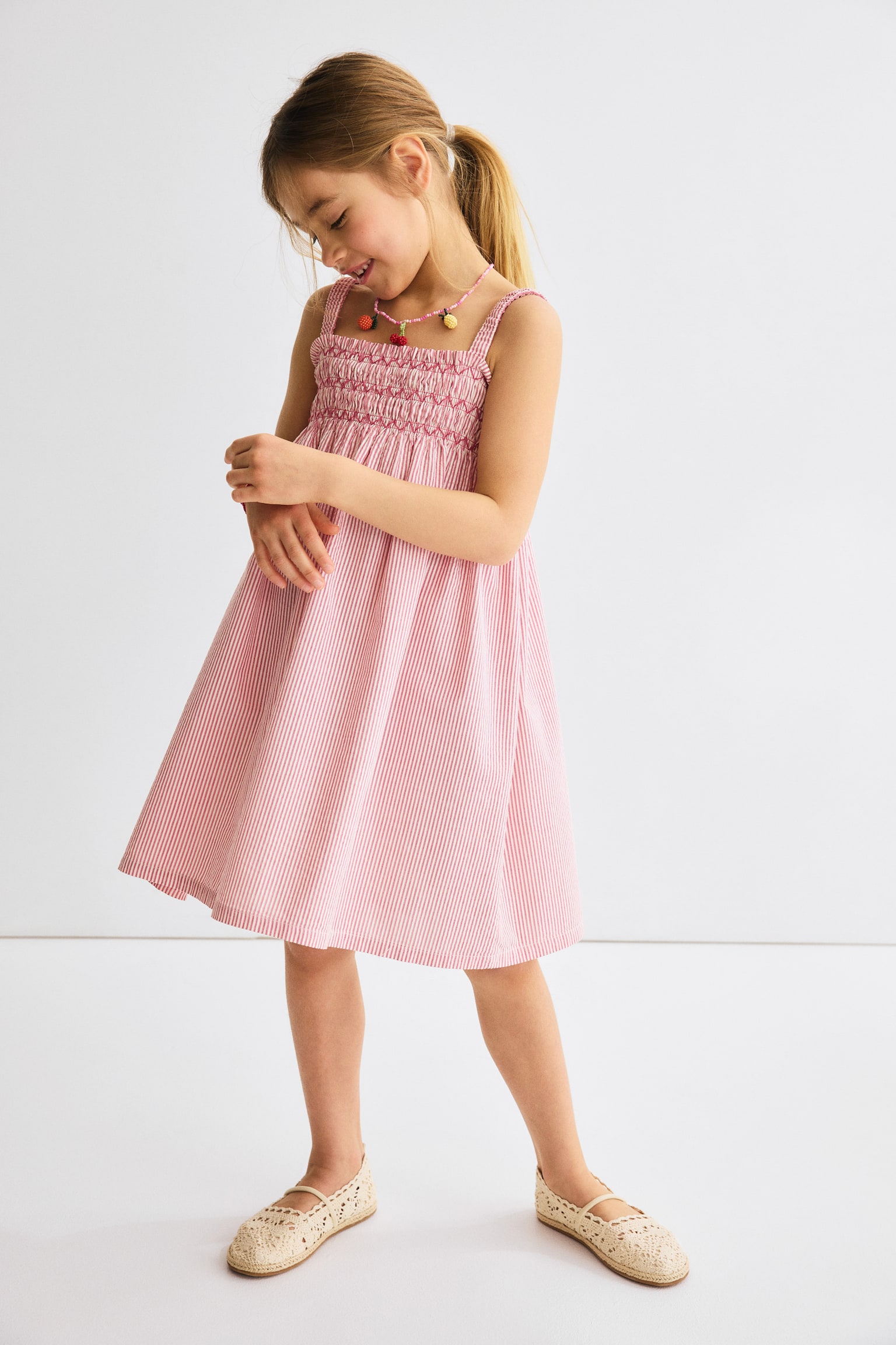Smocked strappy dress - Red/Beige striped/Light yellow/White/Blue striped - 2