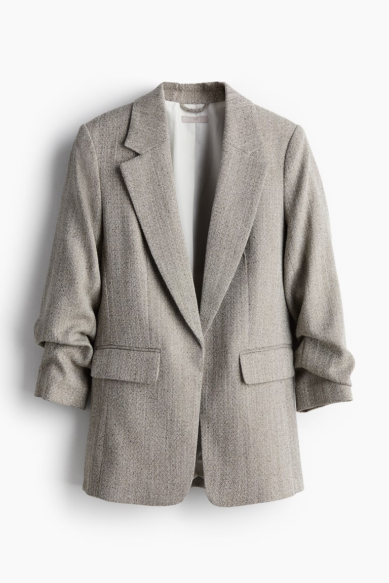 Gathered-sleeve blazer Beige/Herringbone-patterned Ladies H&M IN
