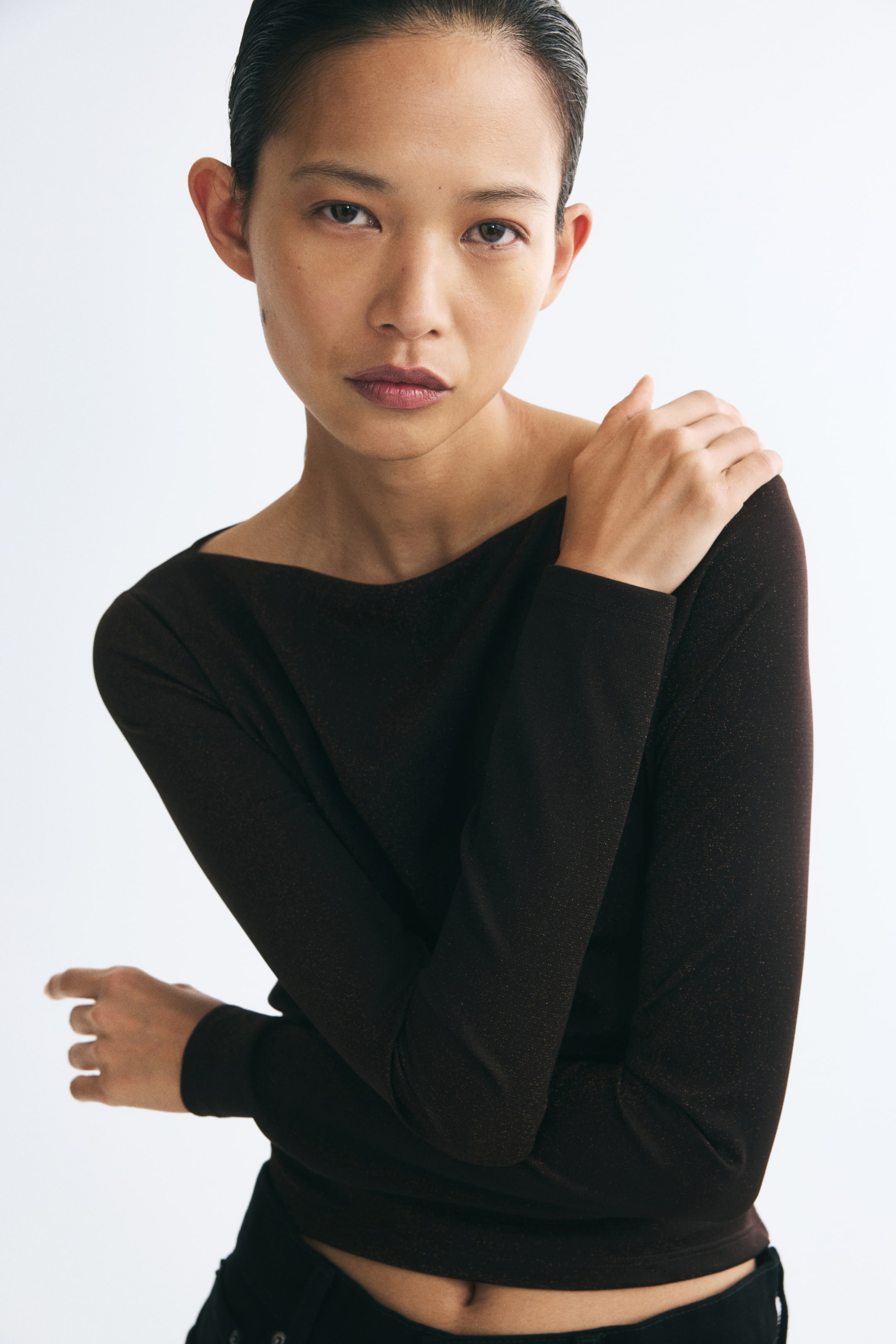 View larger image: Long-sleeved boat-neck top - Dark brown - Ladies | H&M 1