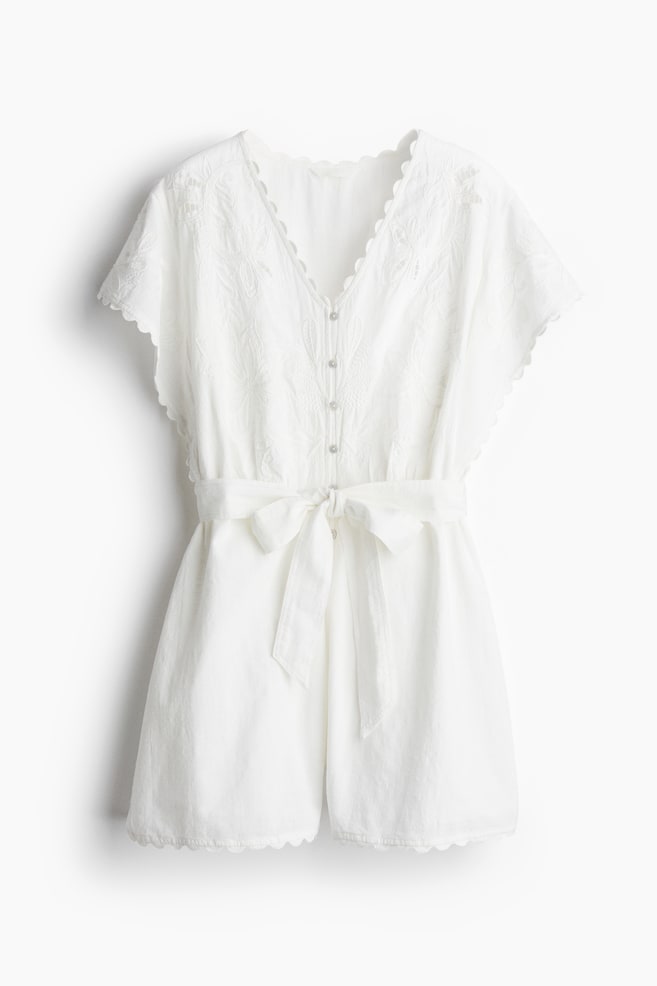 Bestickter kurzer Jumpsuit aus Baumwolle - Weiß - 1