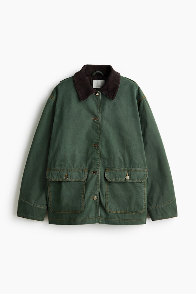 Veste oversize avec col en velours côtelé - Vert foncé - 1