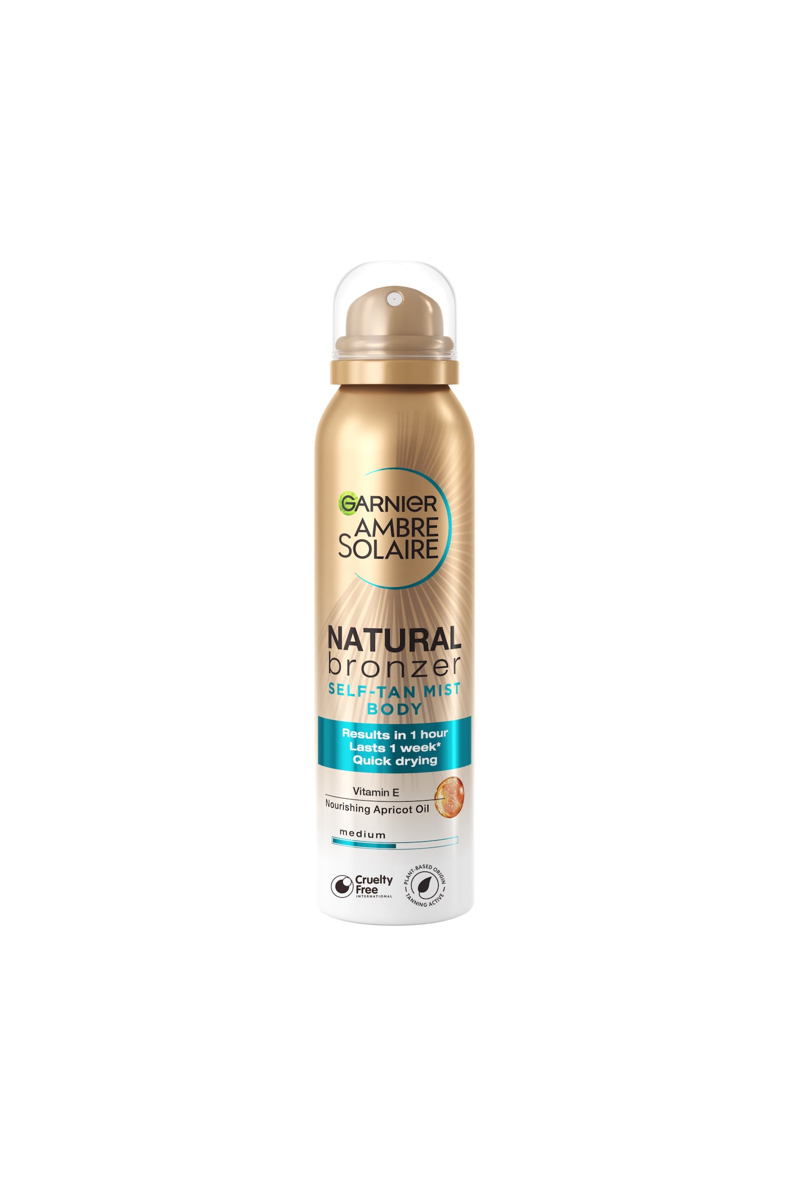 Garnier Ambre Solaire Natural Bronzer Self-Tan Mist Body stÃ¥r oprejst og vender fremad og fremhÃ¦ver sin cylindriske sprayflaske i metallisk guld og hvid, toppet med en gennemsigtig, afrundet hÃ¦tte over en gylden dyse. Frontetiketten viser brandlogoet inde i en cirkulÃ¦r grafik, fed tekst med "Natural Bronzer Self-Tan Mist Body" samt et blÃ¥t bÃ¥nd, der fremhÃ¦ver produktets fordele. - 1