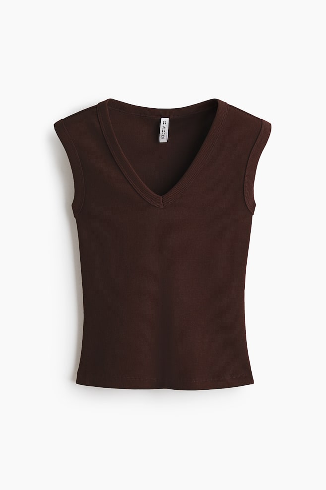 Ribbed V-Neck Tank Top - Dark brown/Cream/Light blue - 1