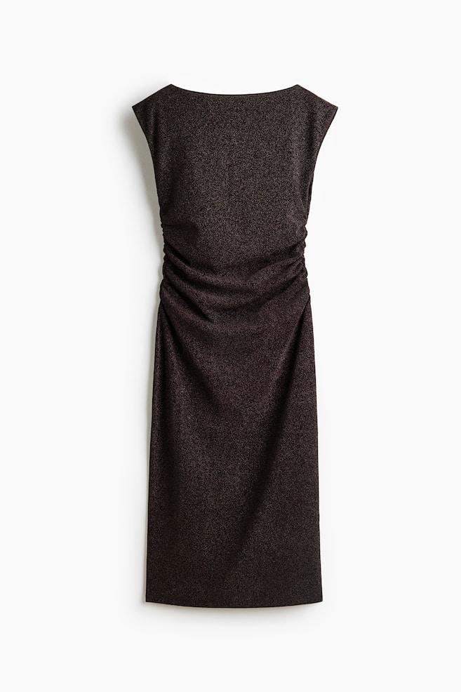 A dark brown metallic midi dress is shown from the front, featuring a boat neckline and cap-style sleeves. The dress is displaying prominent ruched detailing at the waist that creates soft, draped folds across the center. - 1