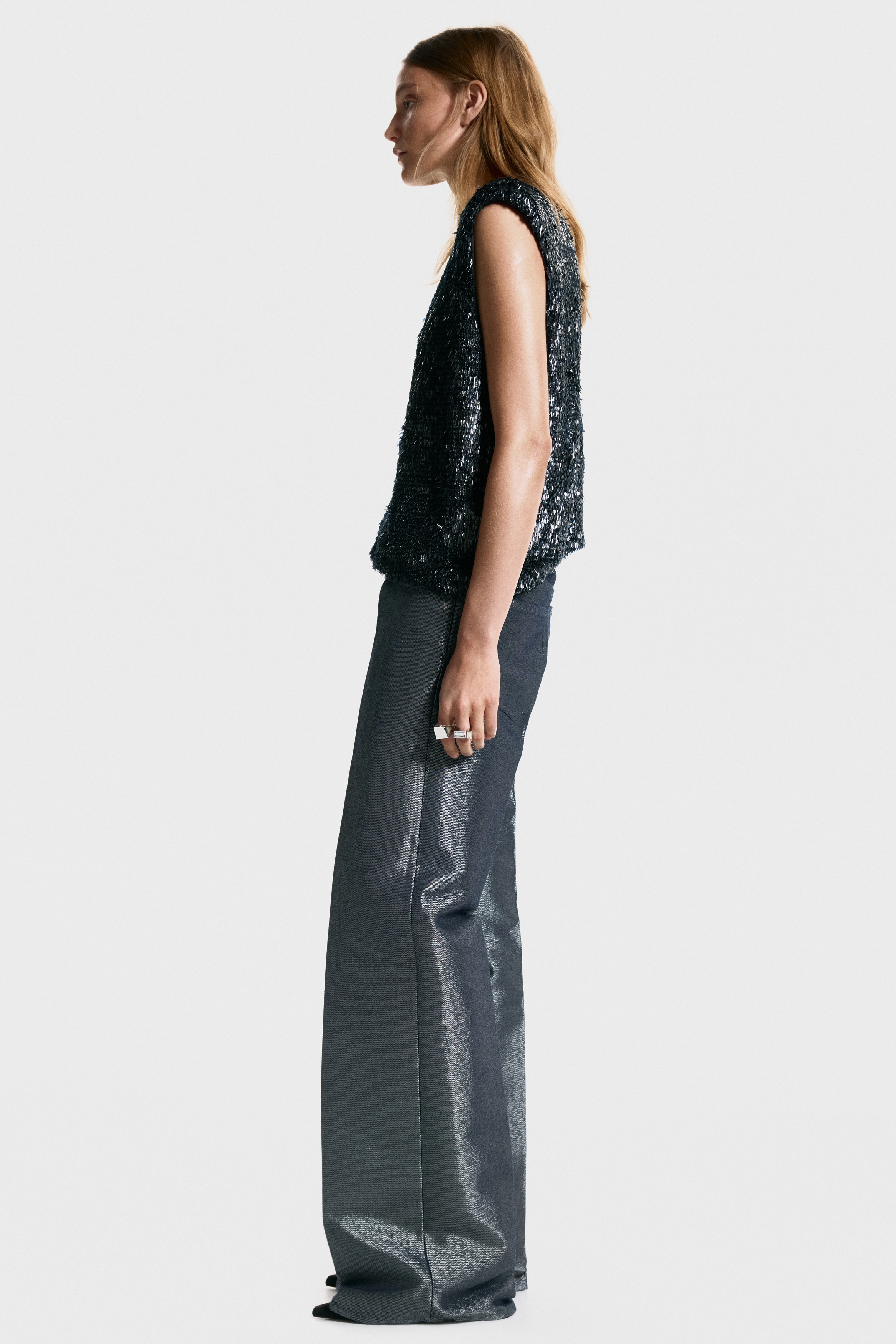 Sequined shoulder-pad top