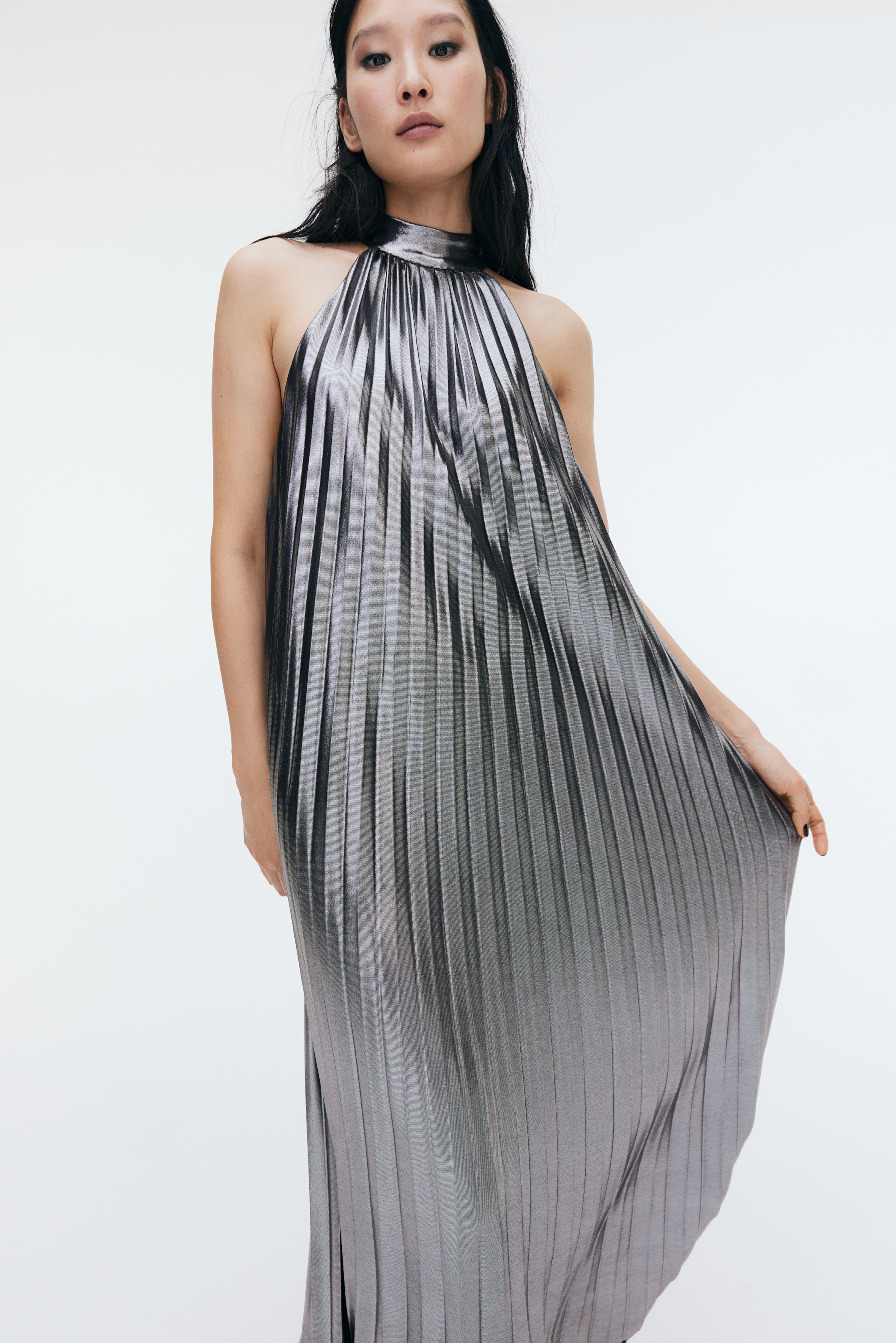 pleated tie-neck dress