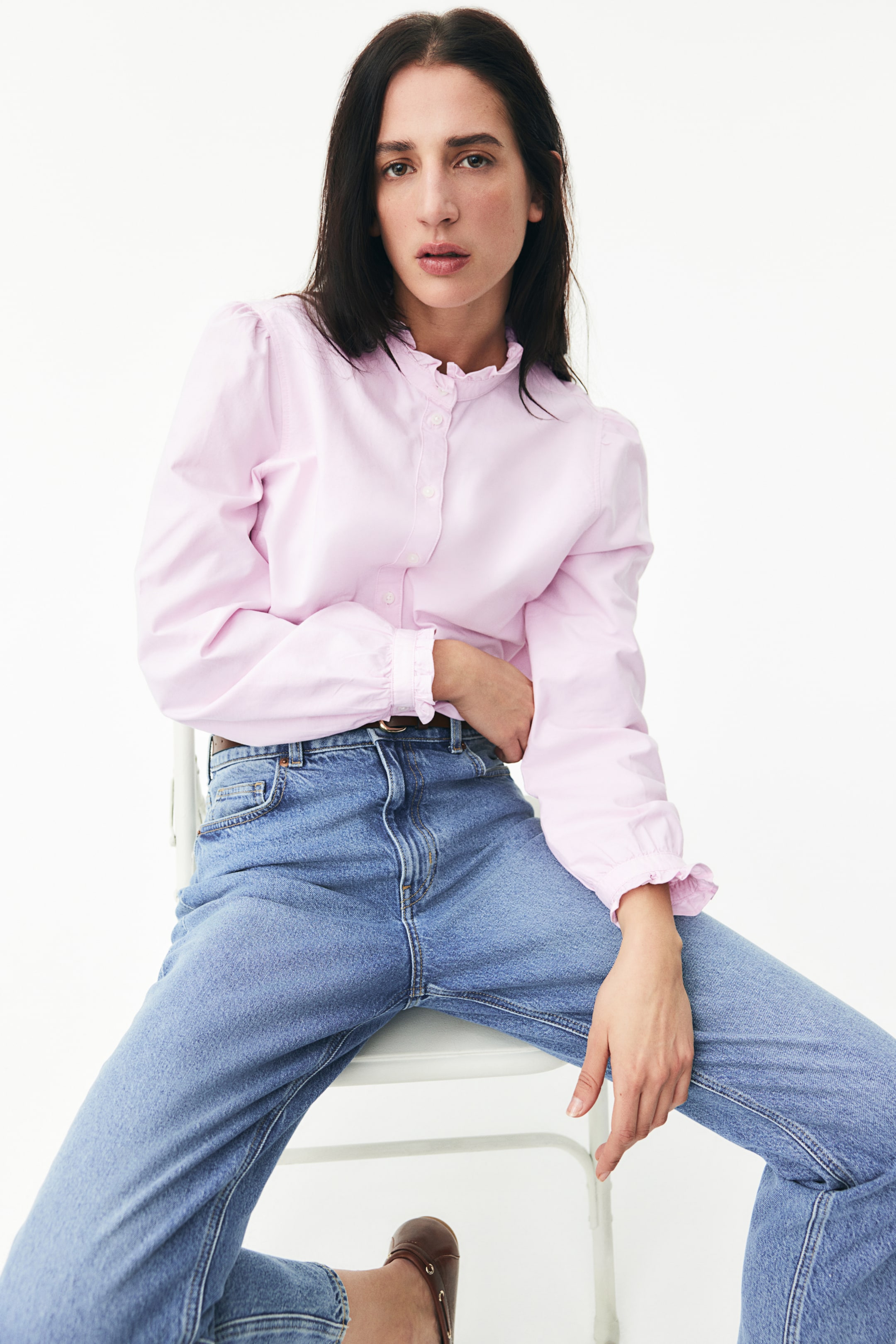 Ruffle-trimmed Oxford Blouse