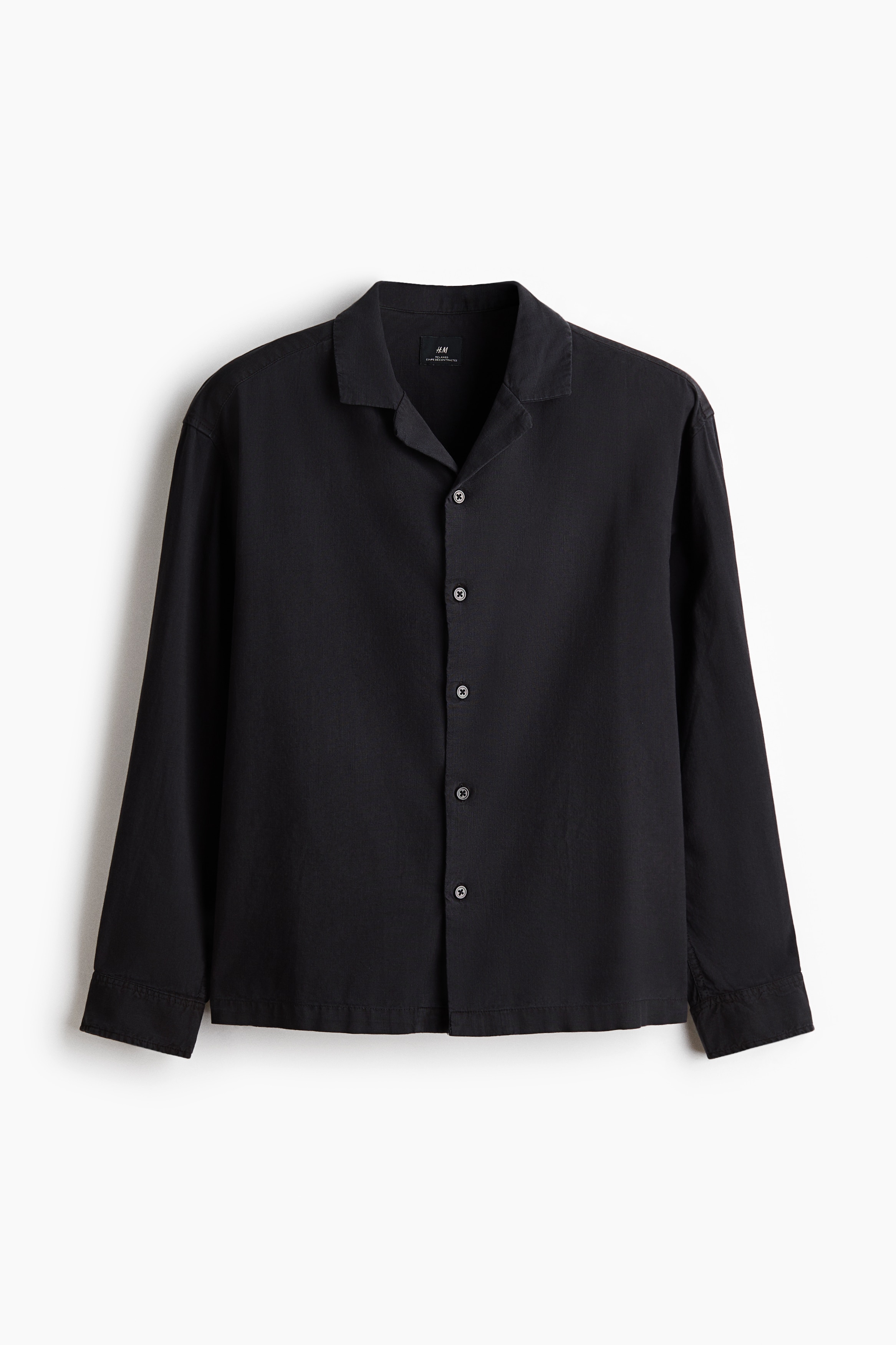 Áo sơ mi cotton cổ hai ve dài tay Relaxed Fit - Màu đen/Màu be