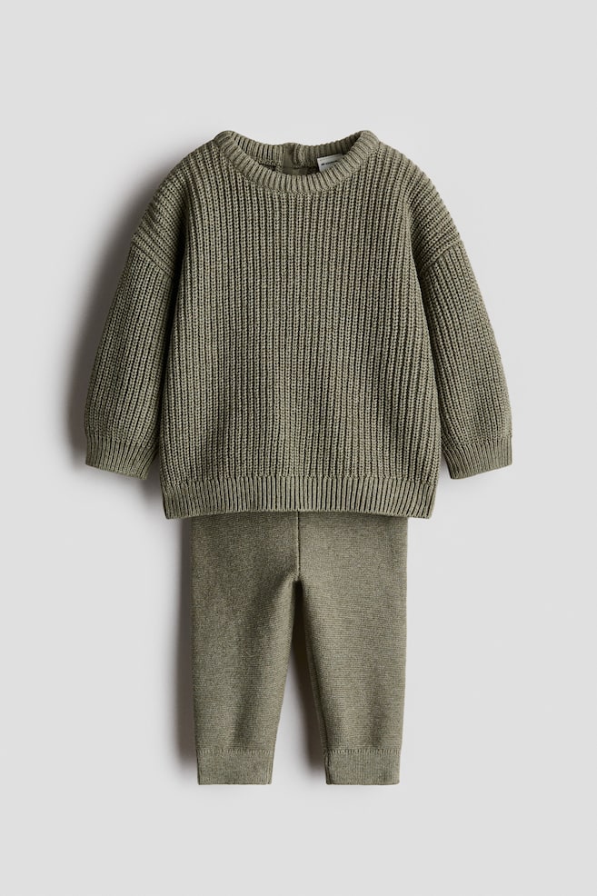 2-piece Cotton Knit Set - Khaki green/Light beige/Light brown/Turquoise/Navy blue/white striped - 1