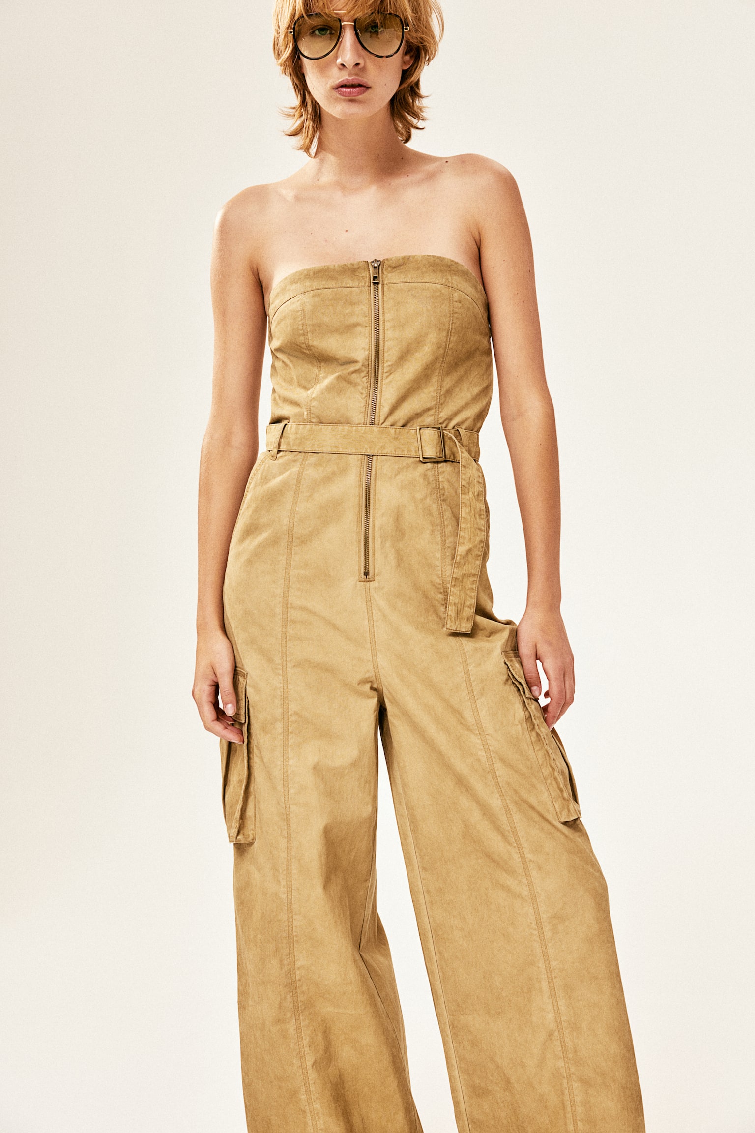 Belted bandeau jumpsuit - Beige - 4