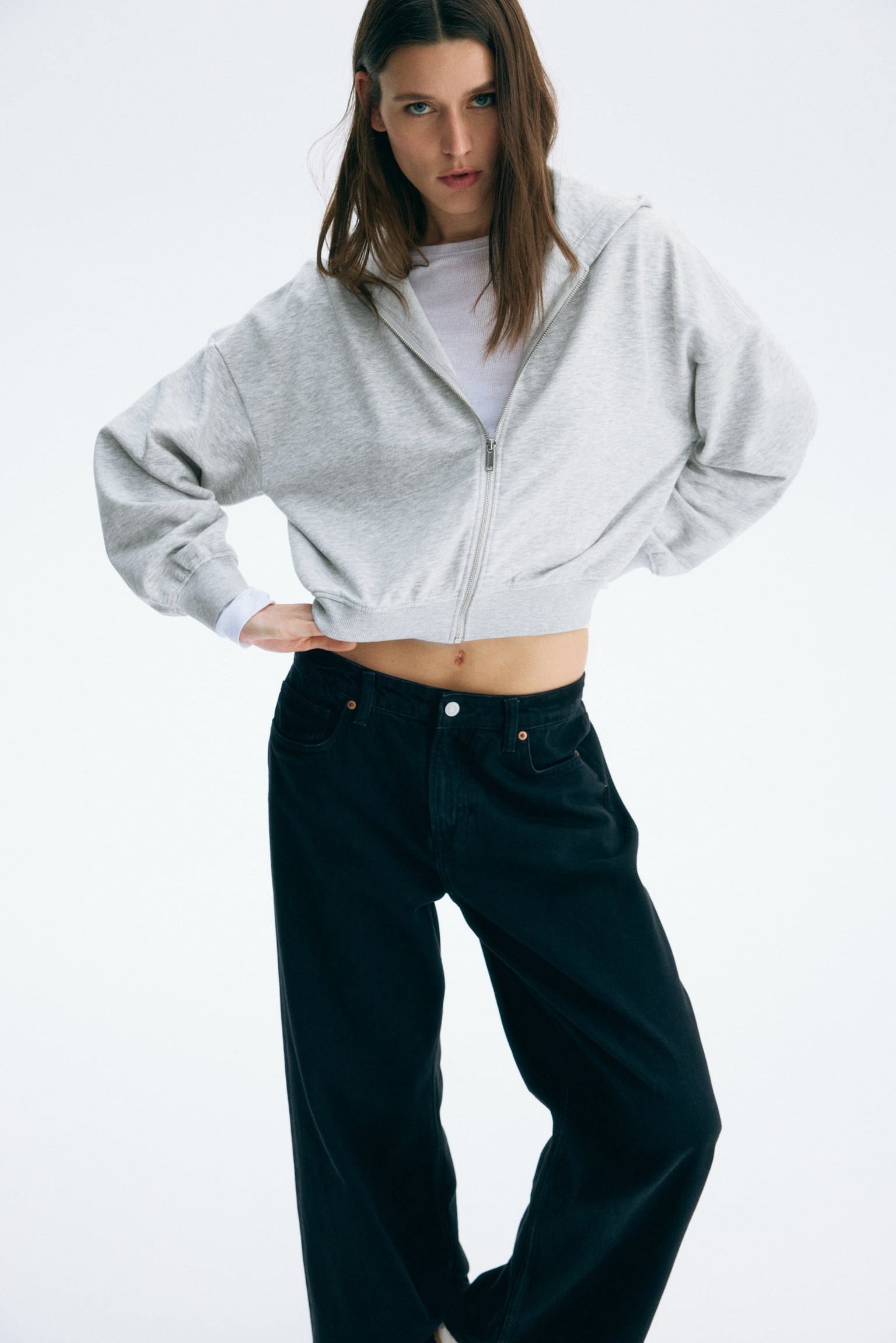 Short zip-through hoodie - Light grey marl/Dark dusty pink/Black/Dark brown - 1