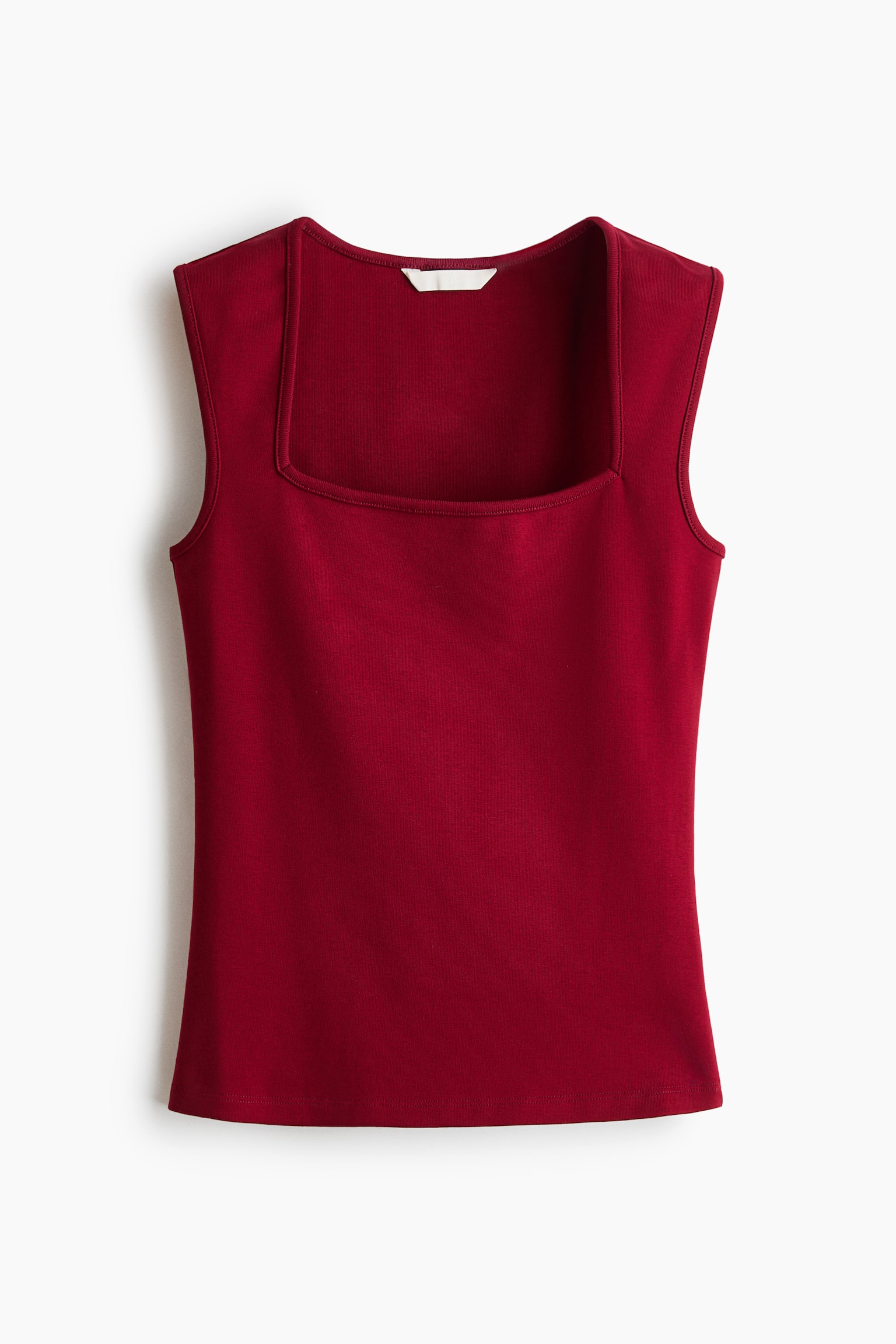 A dark red, sleeveless fitted top is facing front, showcasing a square neckline and a straight-cut hem. The garment is displaying a fine, narrow-ribbed texture.