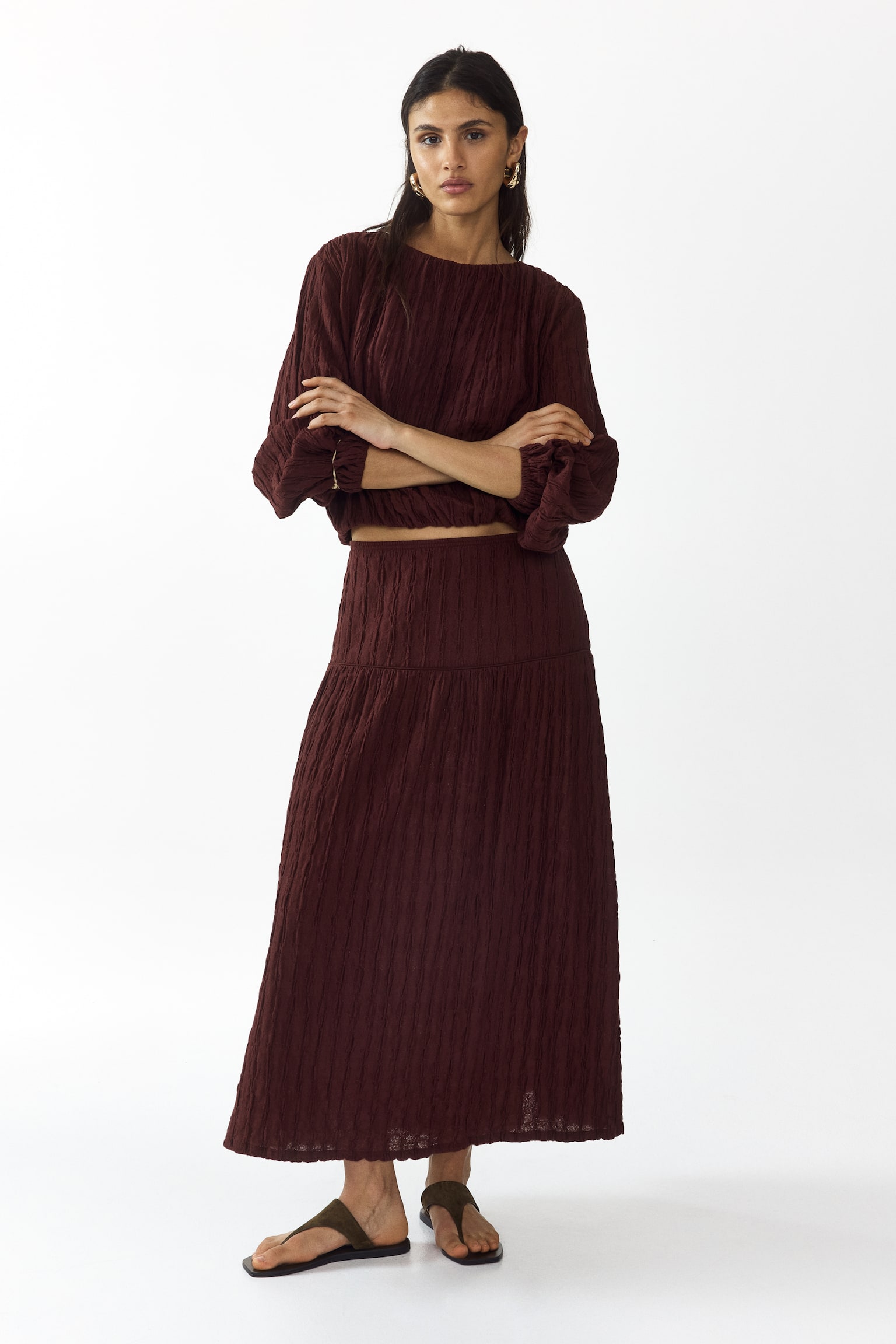Textured jersey midi skirt - Dark brown/Cream - 1