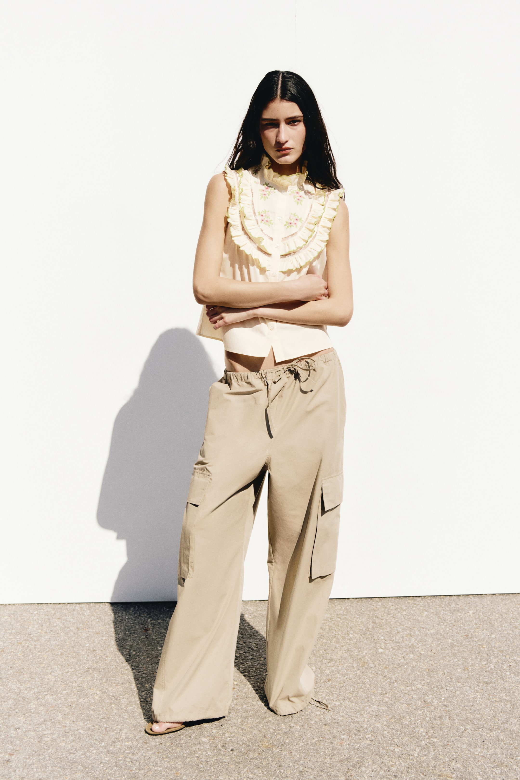 Ruffle-Trimmed Top with Embroidery
