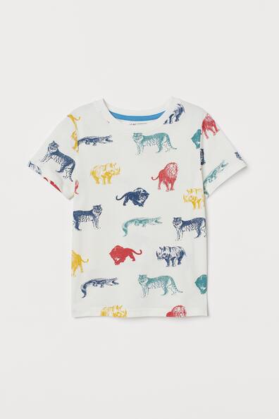 Printed T-shirt - Round neck - Short sleeve - White/Wild animals - Kids ...