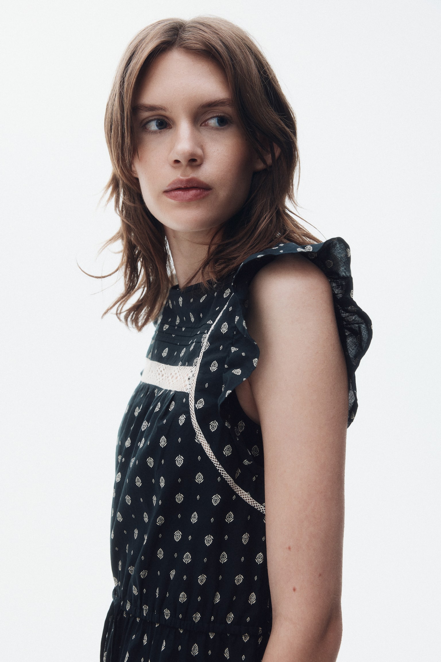 Váy cotton ghép ren - Màu xám đậm/Hoa văn - 4