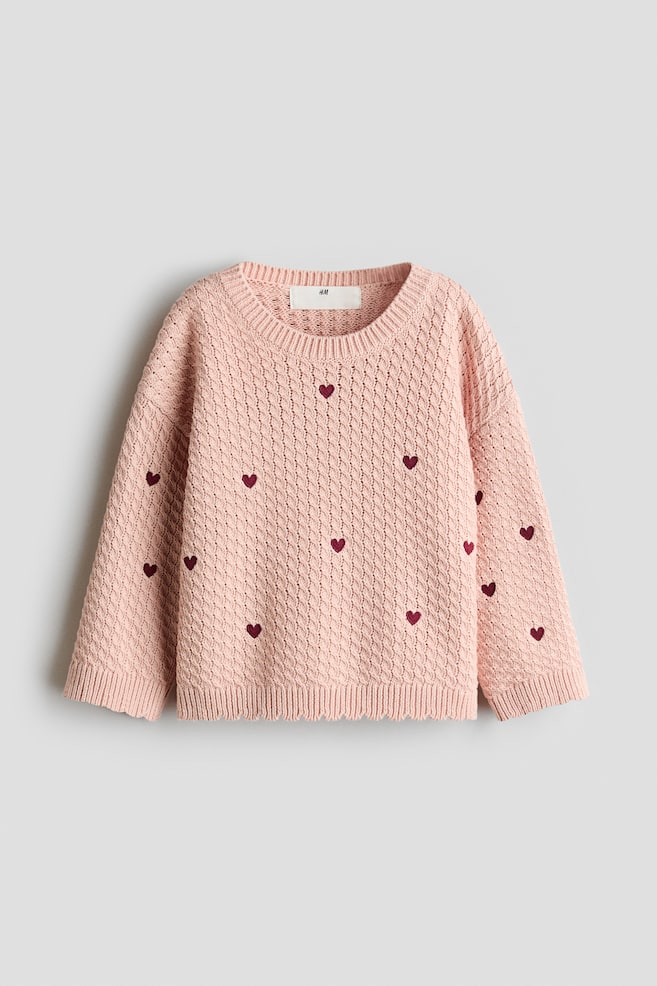 Embroidered-Detail Cotton Sweater - Light dusty pink/hearts/Dark green/flowers - 1