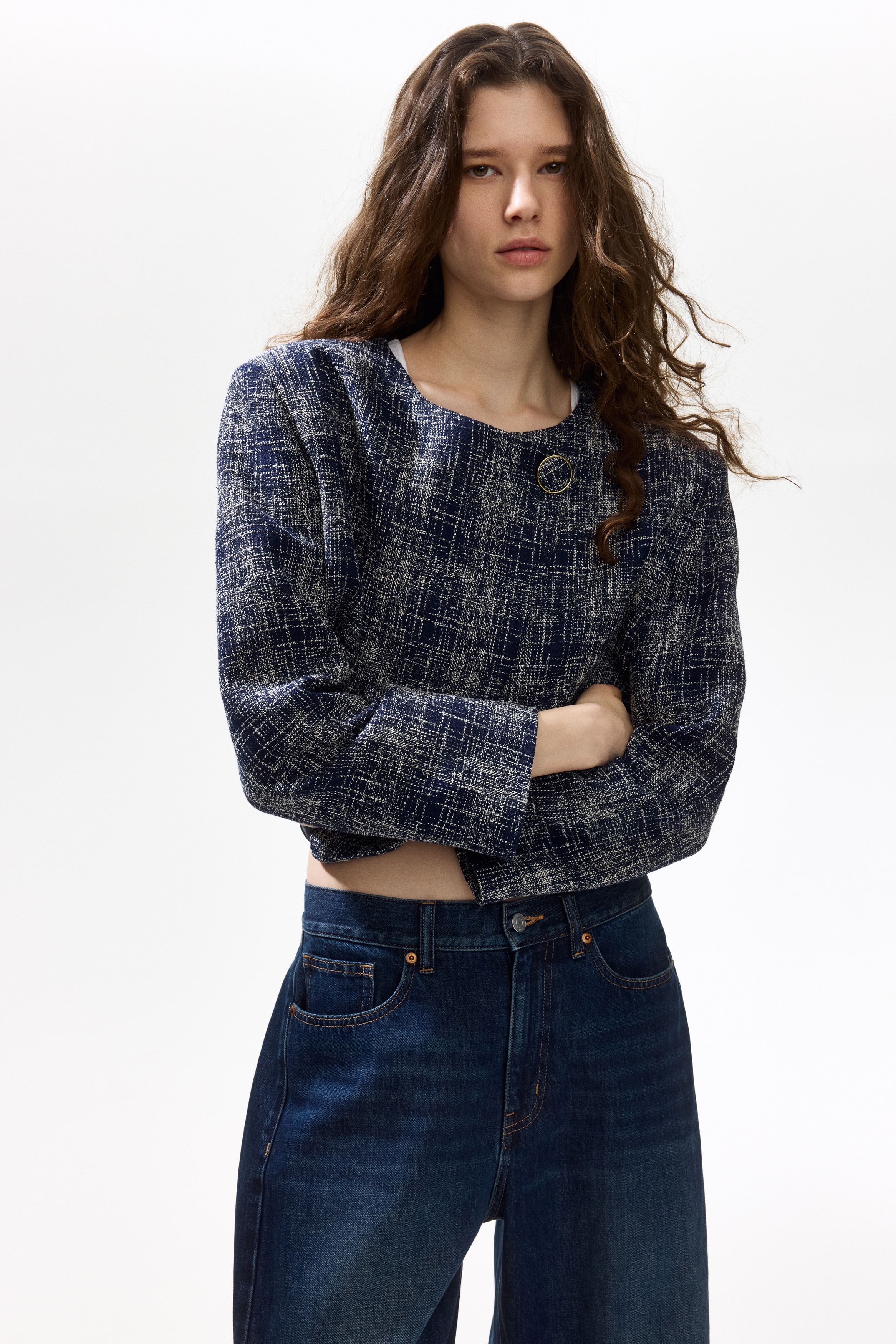 Ζακέτα χωρίς γιακά - Σκούρο μπλε/καρό