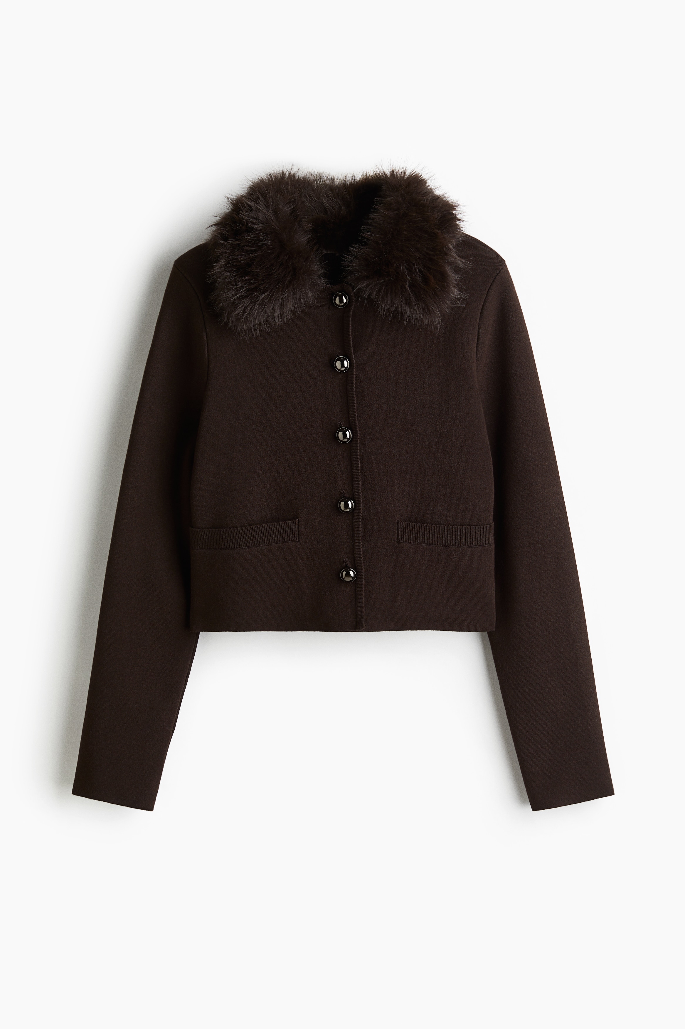 Fine Knit Collared Cardigan - Dark brown