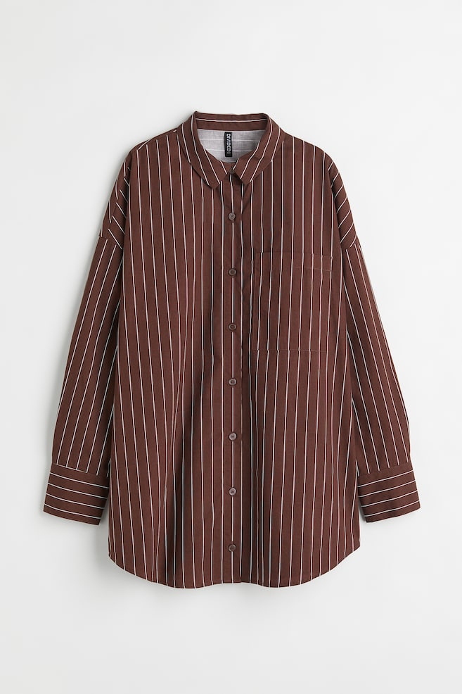 Oversized skjorte i poplin - Mørkebrun/Nålestribet/Hvid - 1