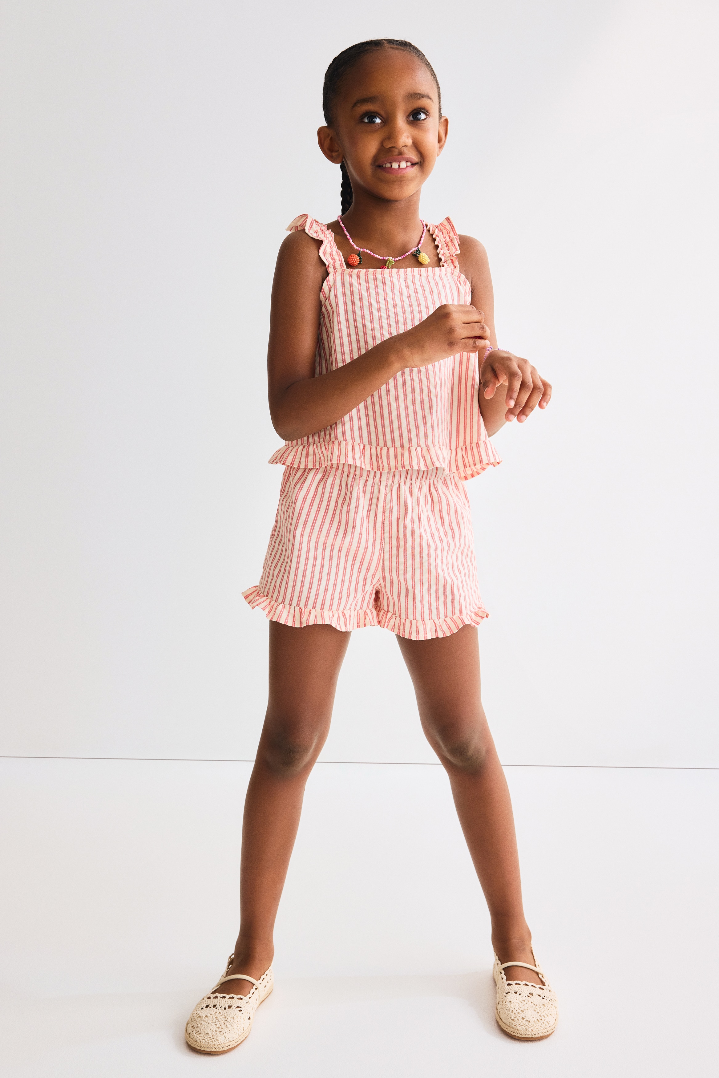 Set 2 pezzi in cotone con volant - Rosso/beige righe/Multicolore/righe