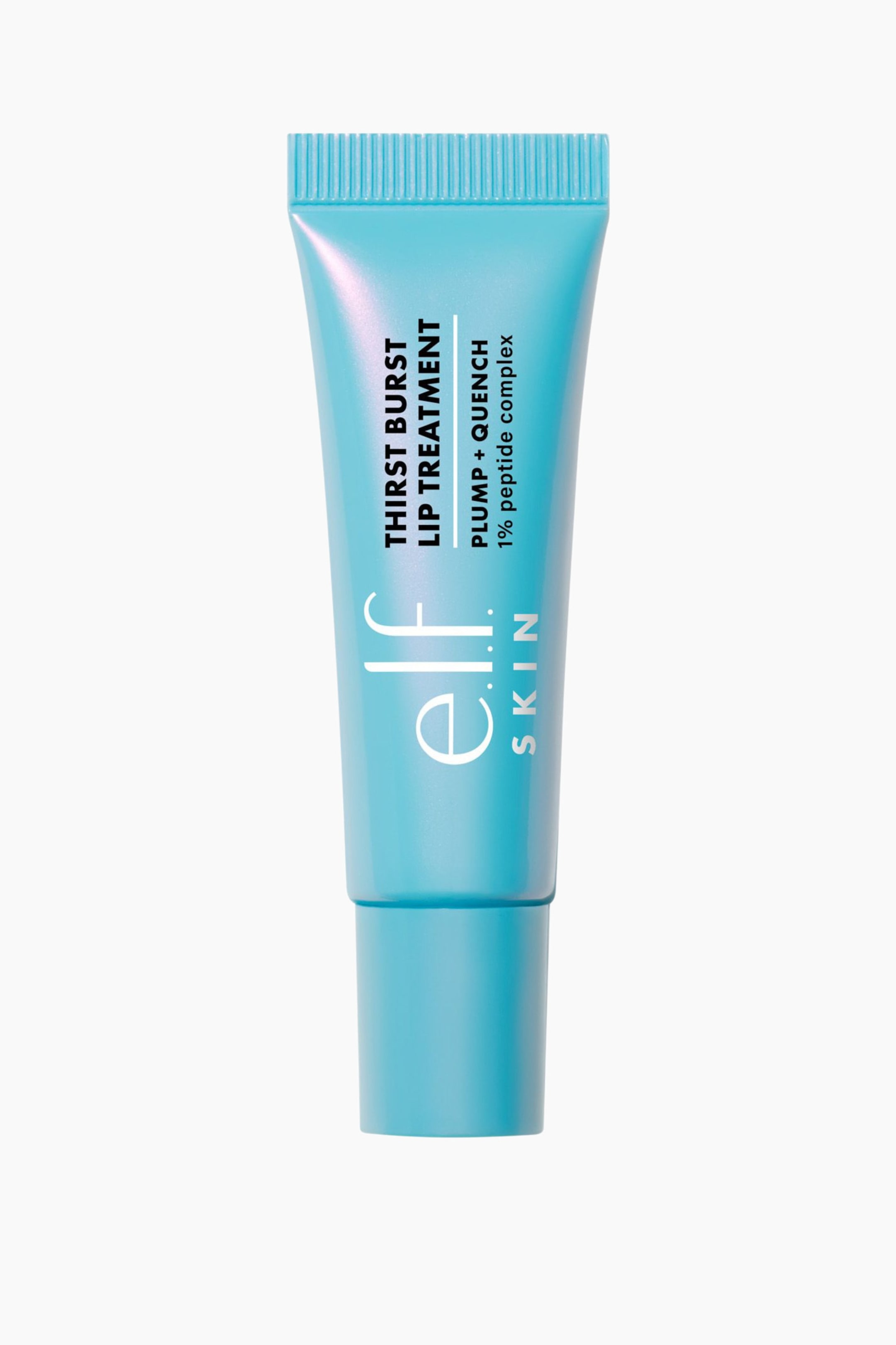Visa större bild: En upprätt ljusblå e.l.f. SKIN Thirst Burst Lip Treatment-tub står framåt och visar vit text på framsidan som beskriver produktnamnet och ingredienserna. Toppen av tuben är veckad med en räfflad textur.