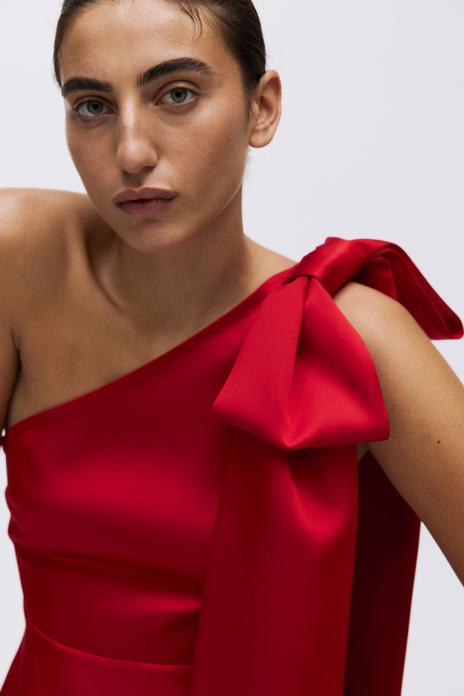 Bow-detail one-shoulder top - Red/Cream/Dark green - 4