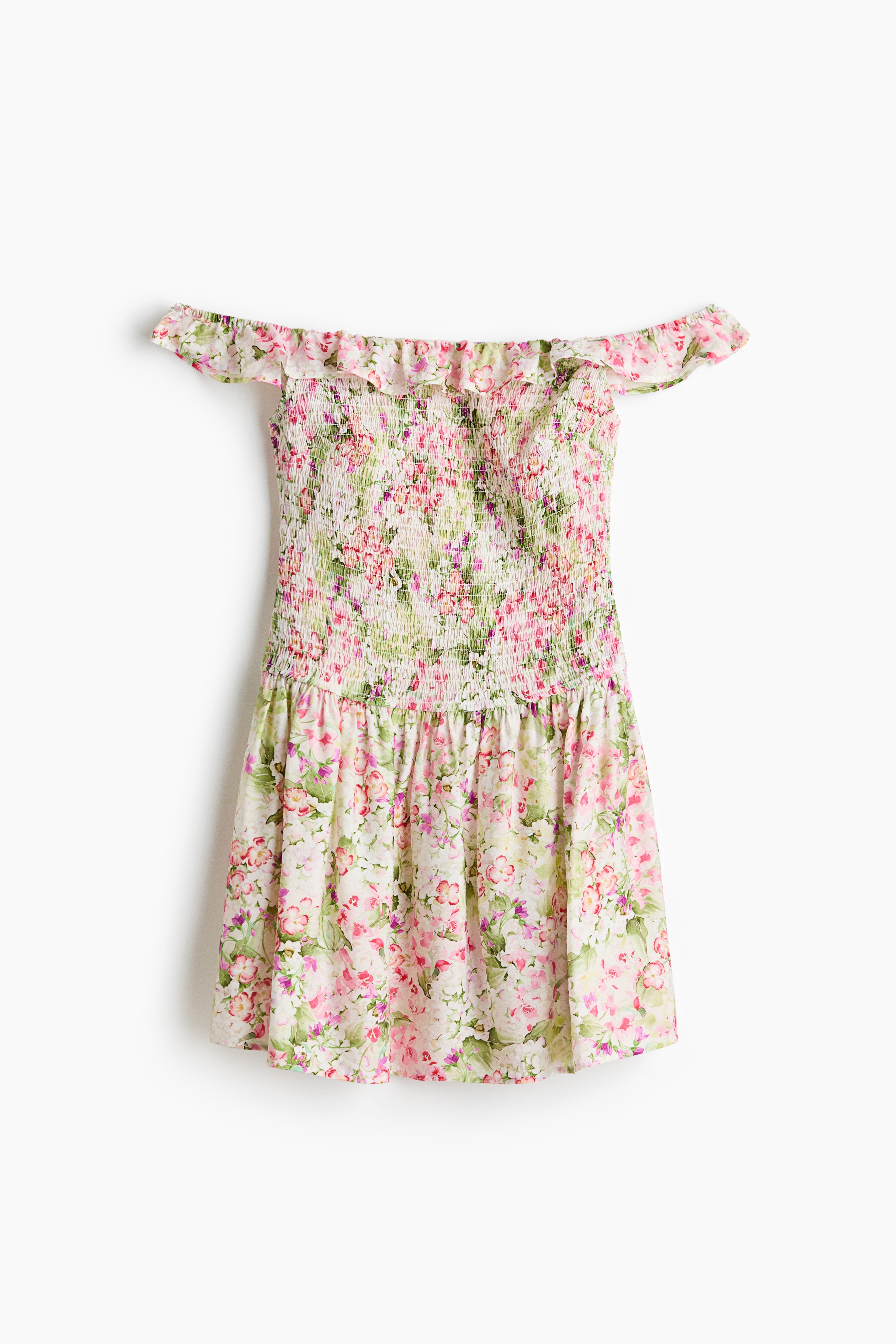 Smocked Off-the-Shoulder Dress - White/floral/Light turquoise/White